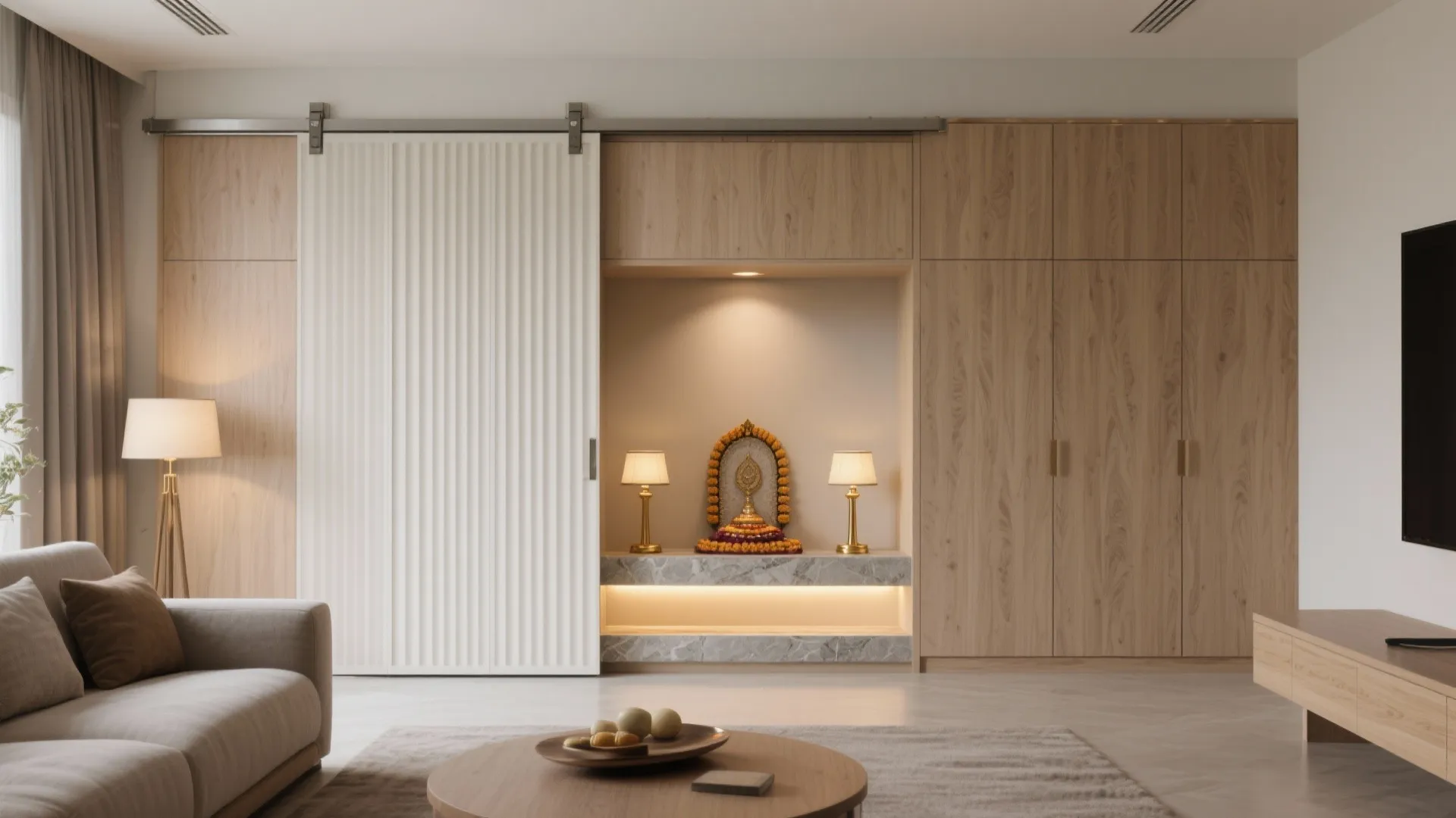 Modern living room with wooden cabinets featuring a small shrine behind a white sliding door design