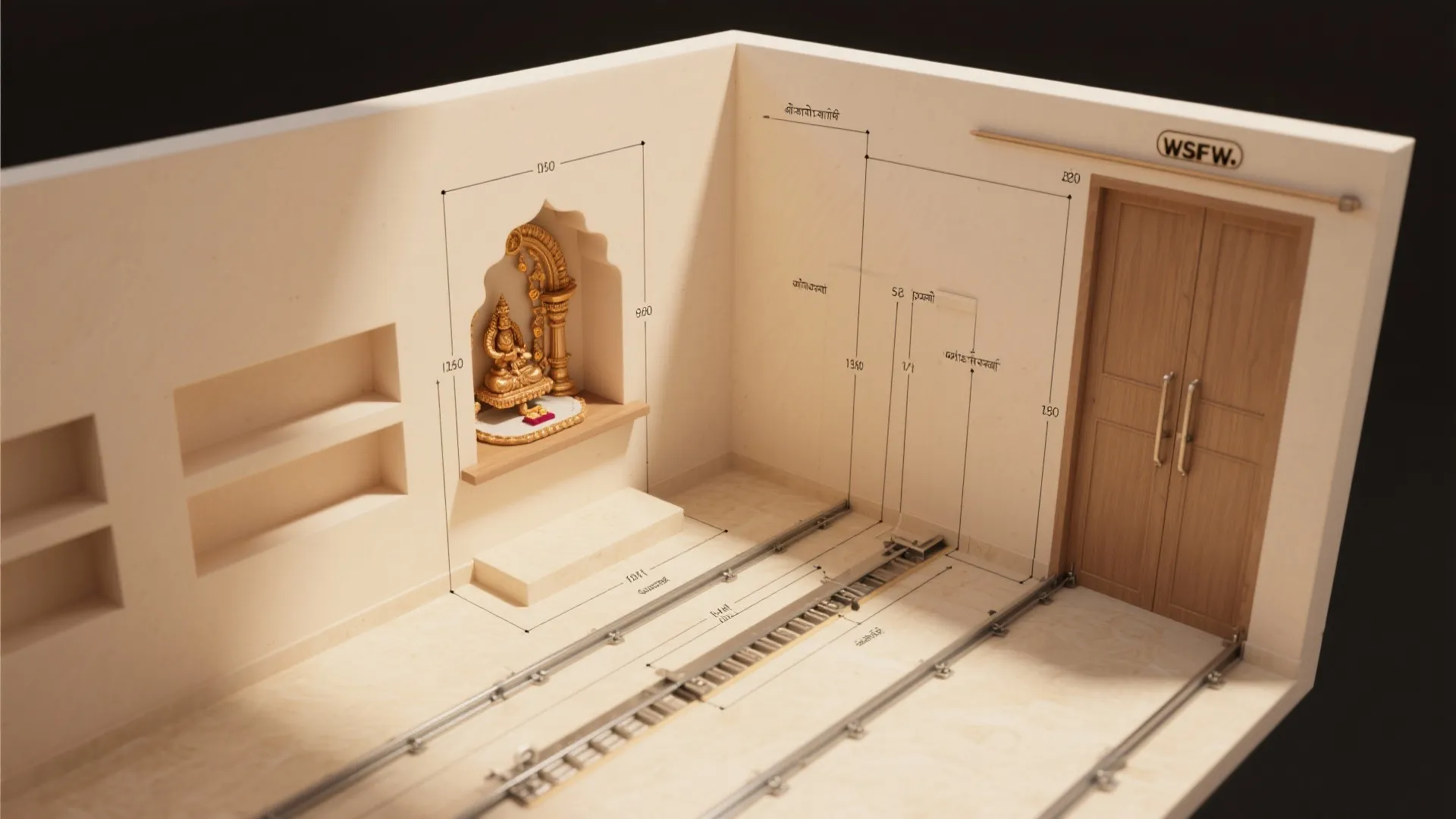 Sliding-door niche mandir in a multi-use wall