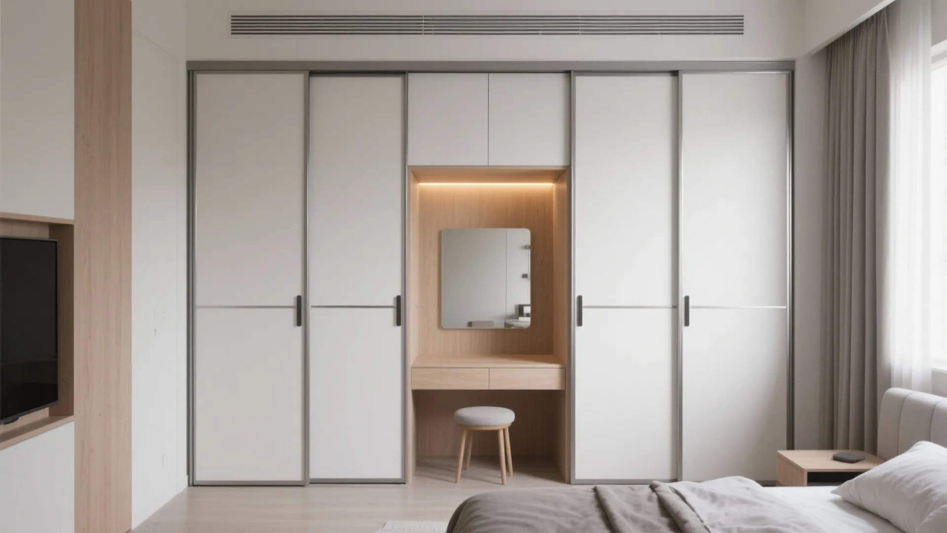 Modern bedroom with large white sliding wardrobe doors surrounding a central wooden vanity and stool