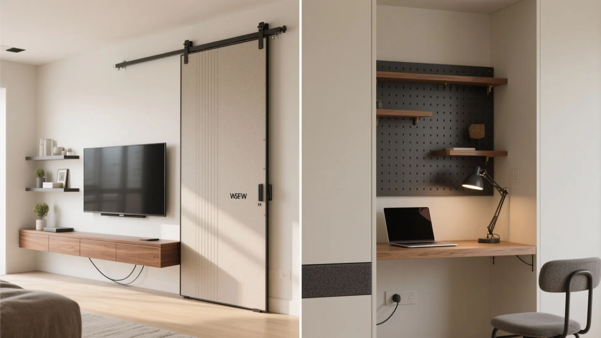 Sliding or Pivot Panel: Media Wall + Hidden Work Nook