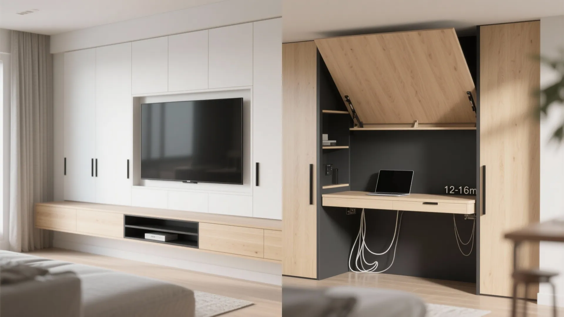 Multi-Functional Media Wall: Sliding Panels and Hidden Work Nooks