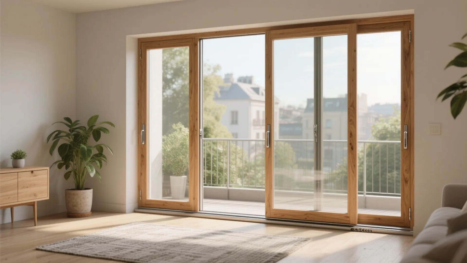 1) Slim-profile sliding wooden balcony doors with full-height glass