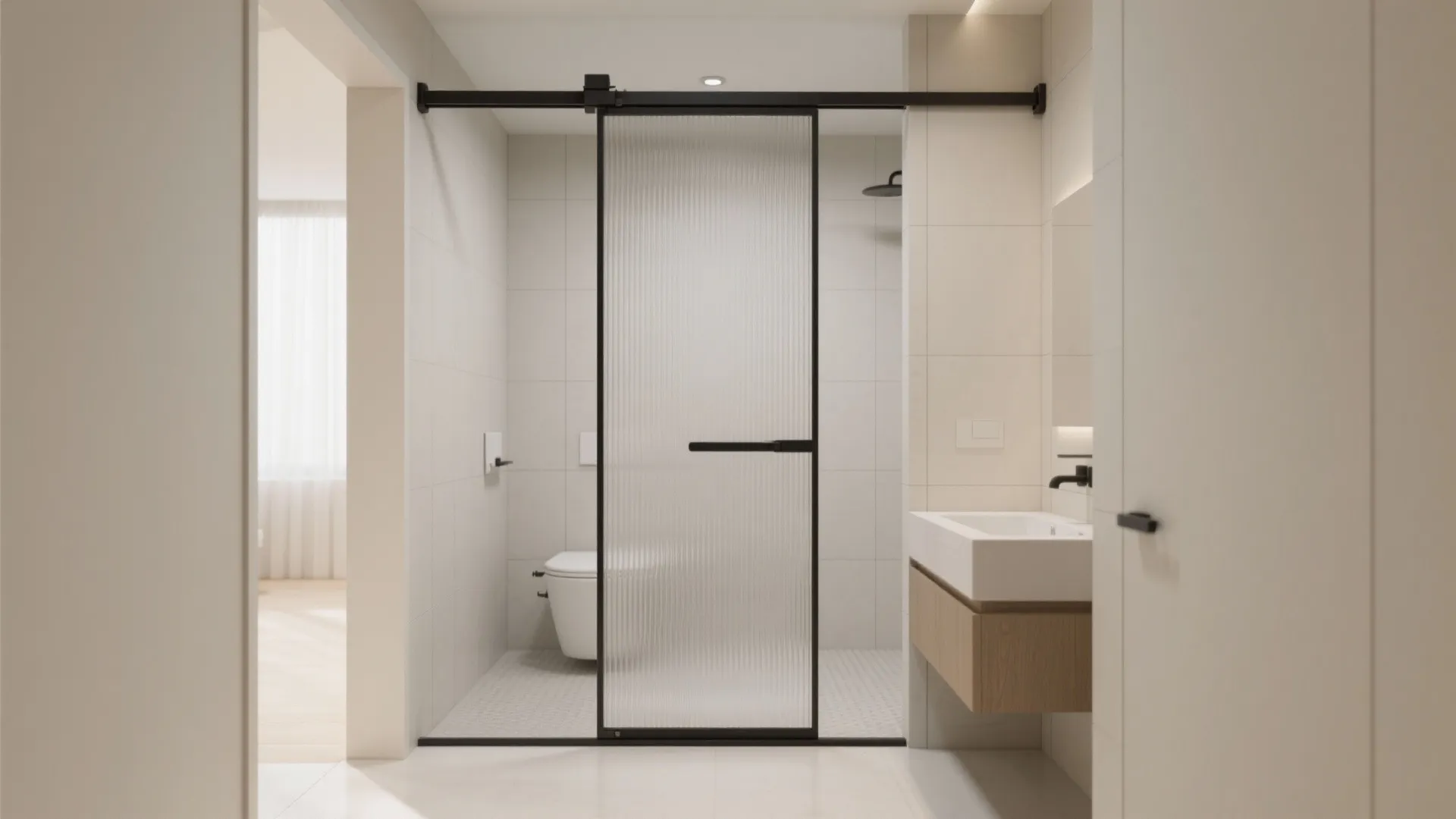 Small bathroom with sliding reeded glass door that saves floor clearance.
