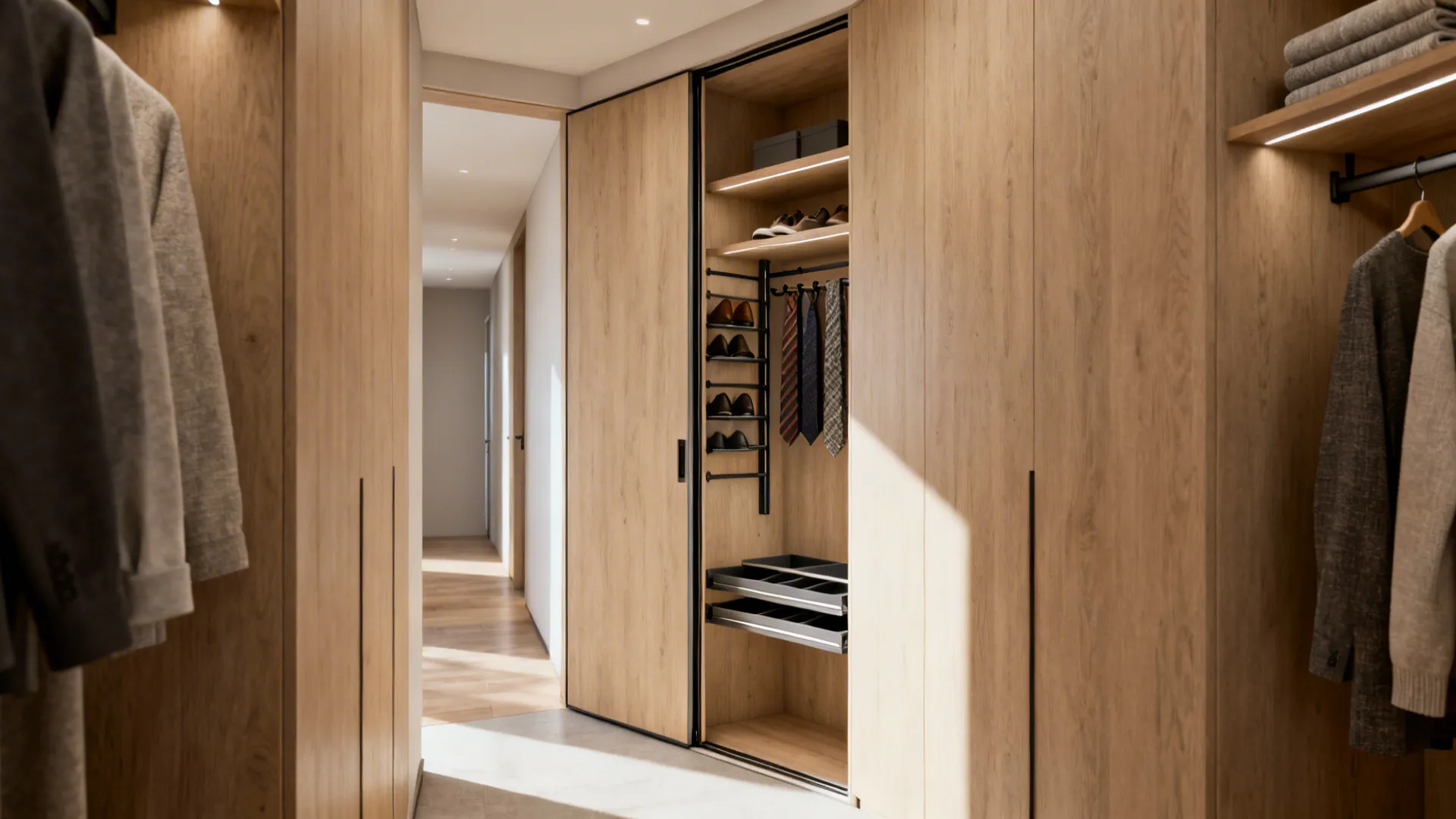 Pocket door opened to a slim closet organizer with vertical shoe racks and pull-out trays.