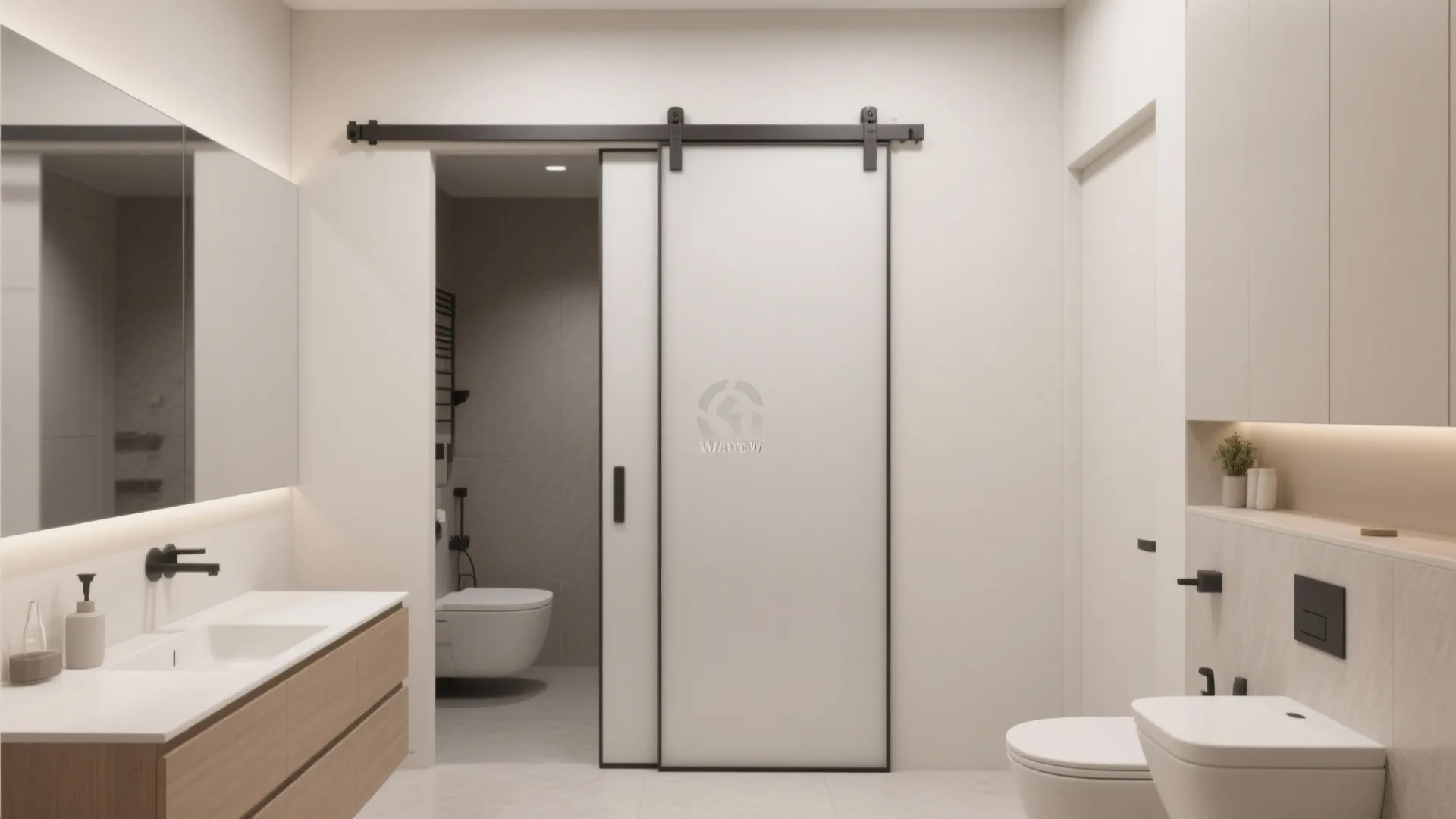 White bathroom interior featuring a sliding barn door with black track and minimalist white toilet