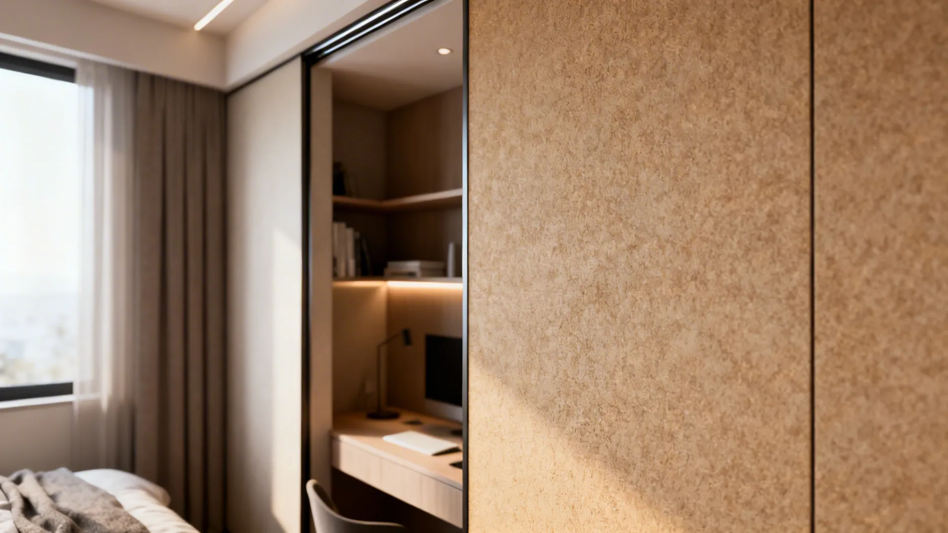 Textured sliding panel creating a private study corner in a small bedroom.
