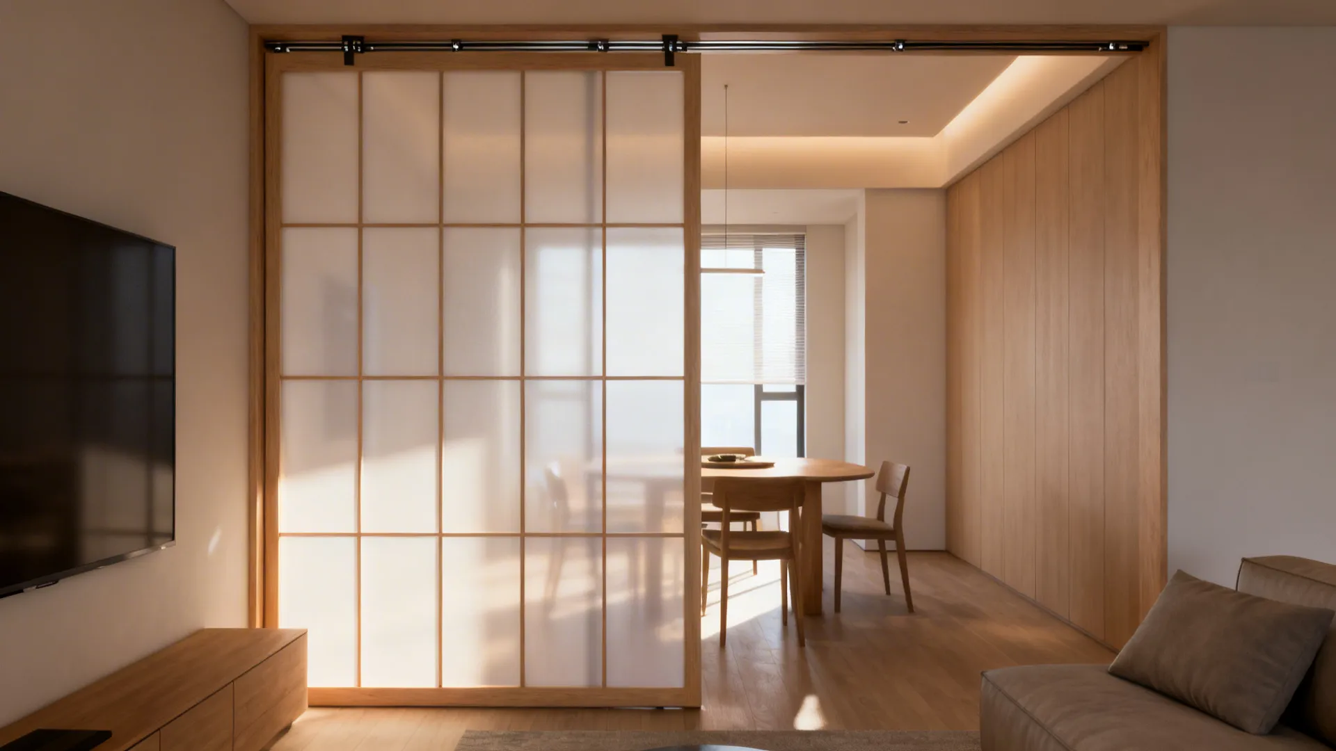 Translucent sliding panel between living and dining areas allowing privacy while preserving daylight.