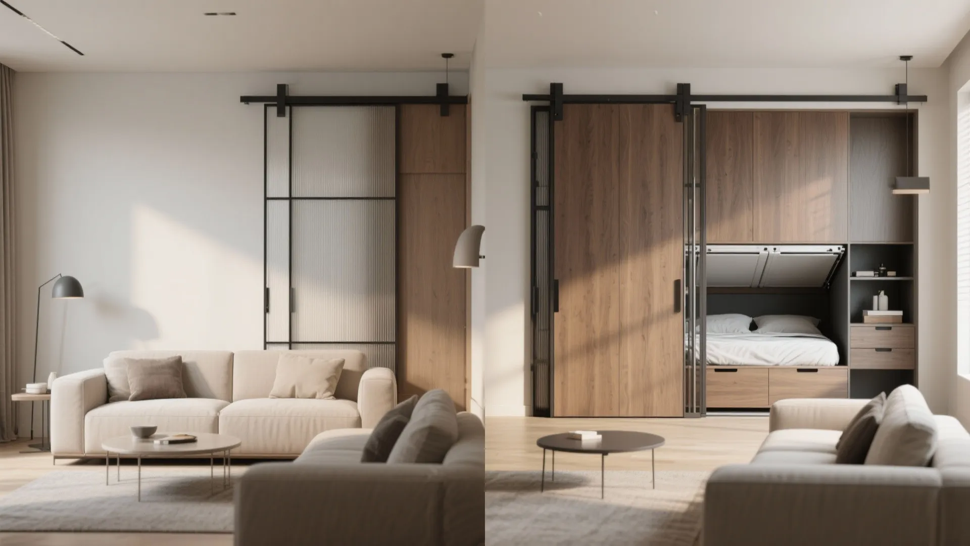 Split-screen before and after: closed living area and open sliding panel revealing a fold-up bed and hidden storage.