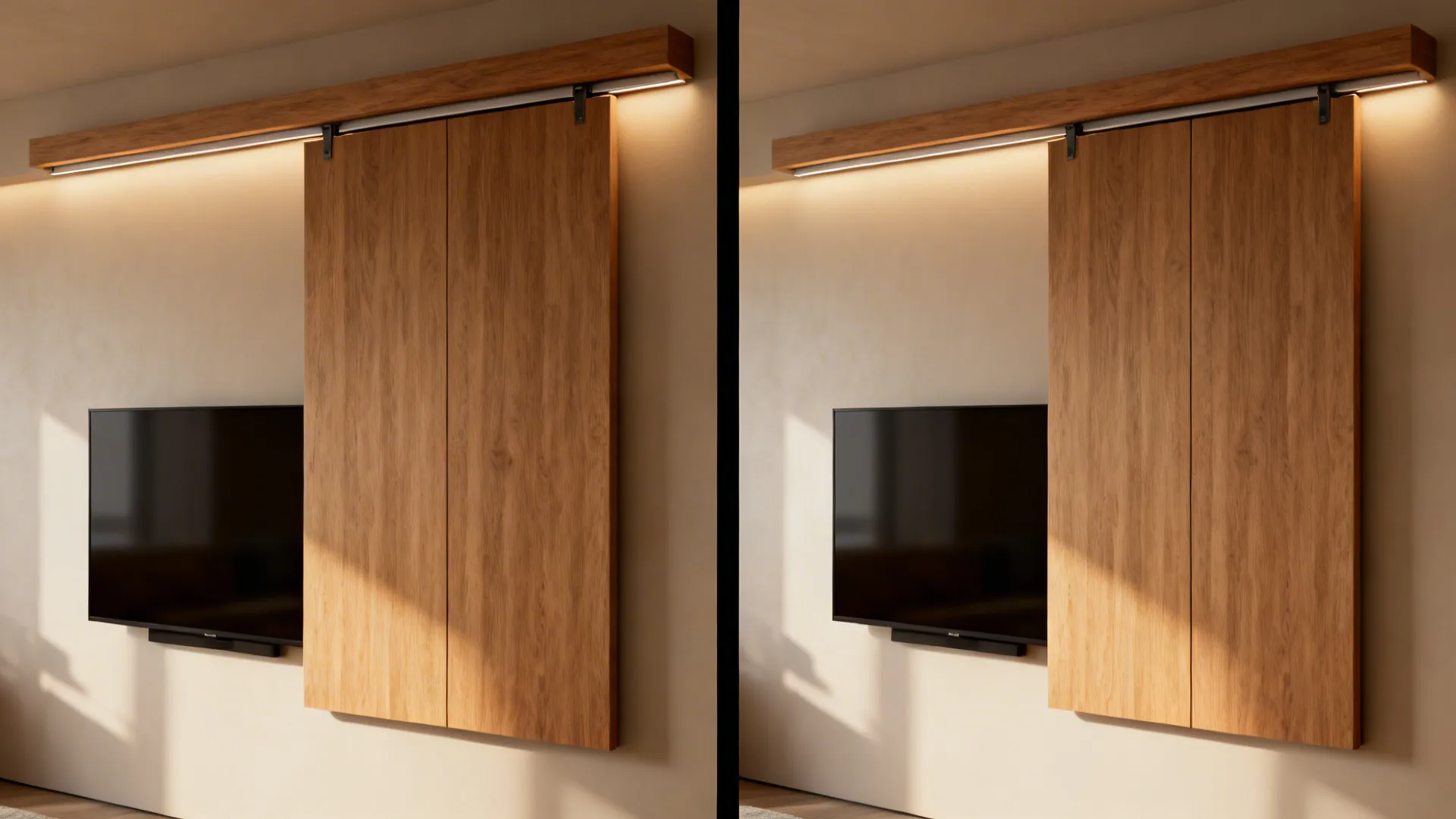 Before and after view: exposed TV vs TV concealed by a sliding wooden panel that serves as artwork