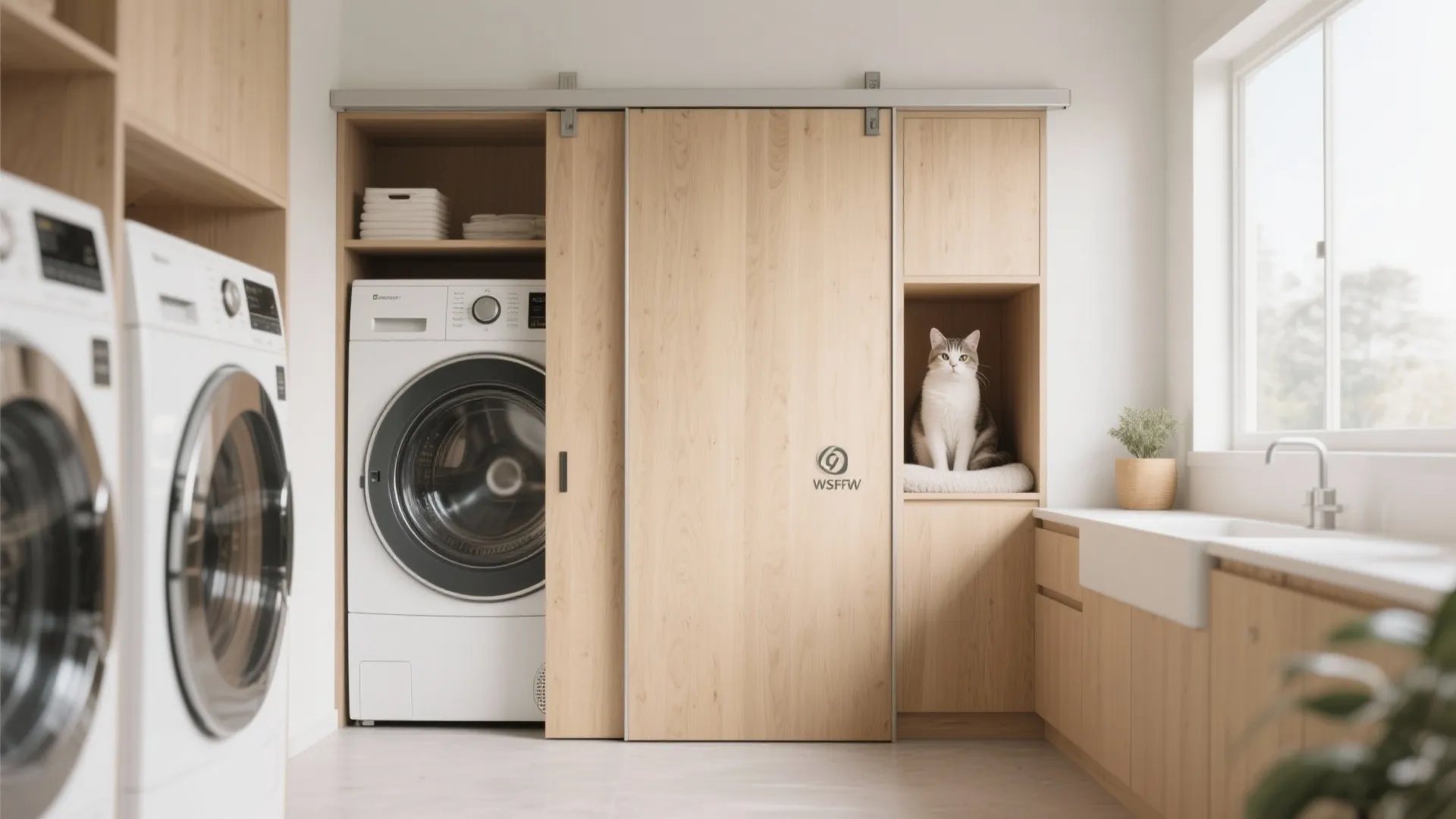 Modern laundry room featuring wooden sliding doors white washing machine and a cat resting inside