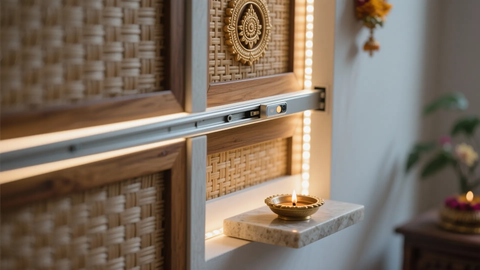 Macro of fluted sliding panel with recessed pull, soft-close track, and LED strip lighting detail.