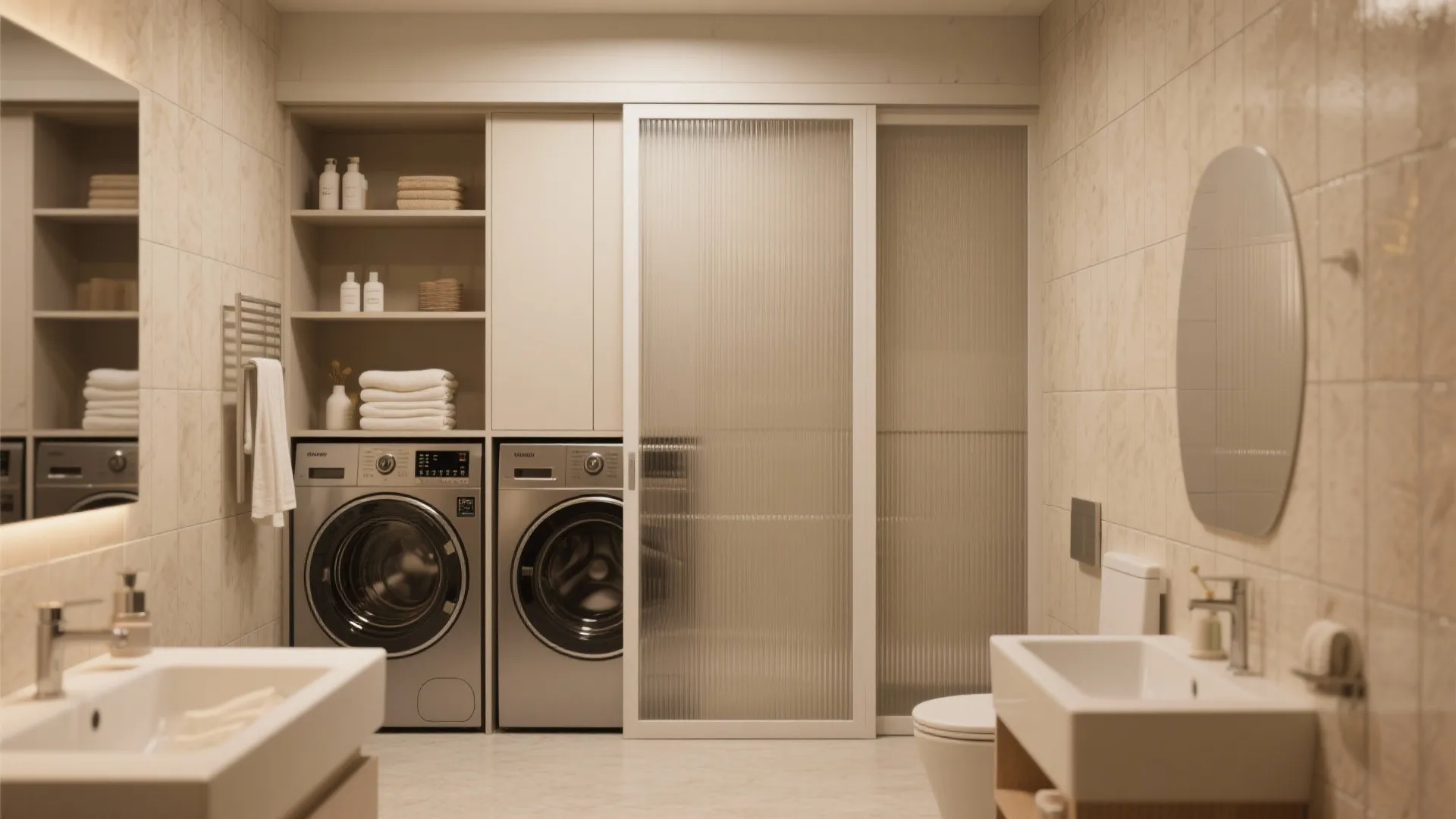 Laundry area with silver washing machines and glass sliding door next to white bathroom sinks