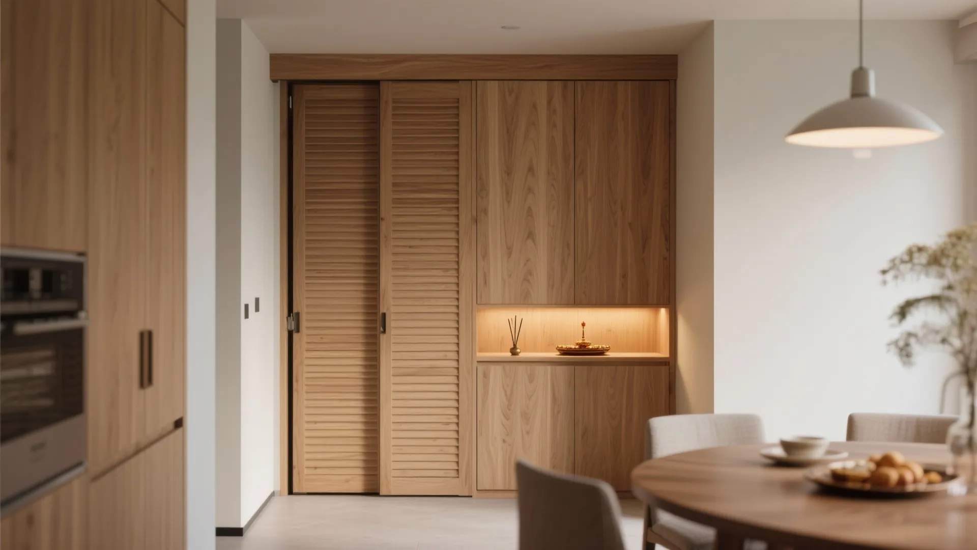 Sliding-Panel Wooden Mandir for Tight Corners