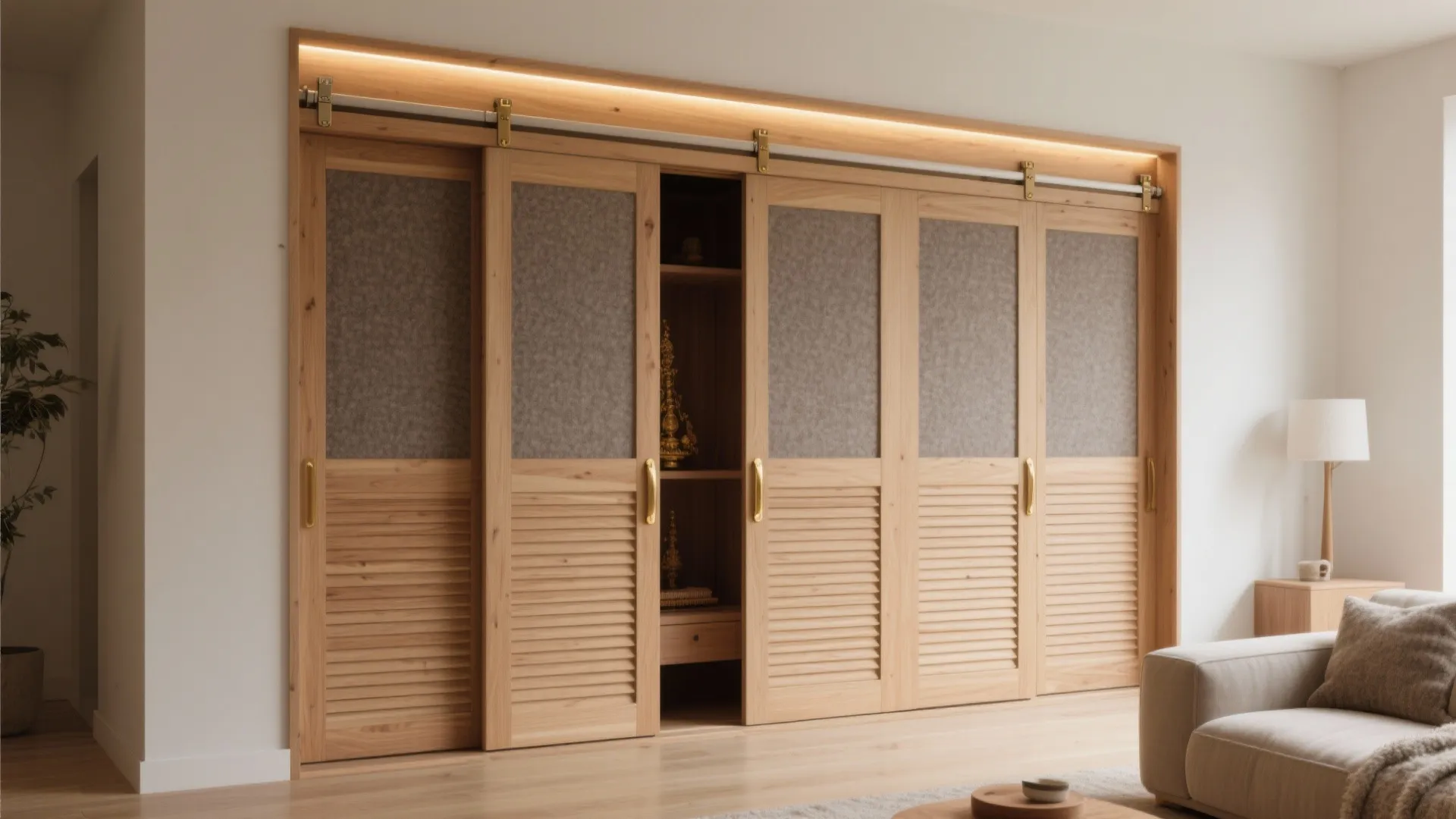 4) Sliding-Panel Plywood Mandir with Acoustic Felt Backing