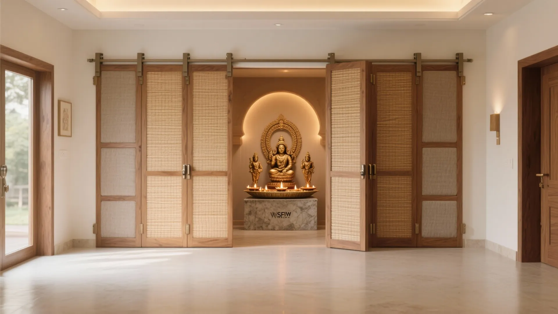 Hall mandir with fluted sliding panels, recessed pulls, and warm lighting revealing a compact shrine.
