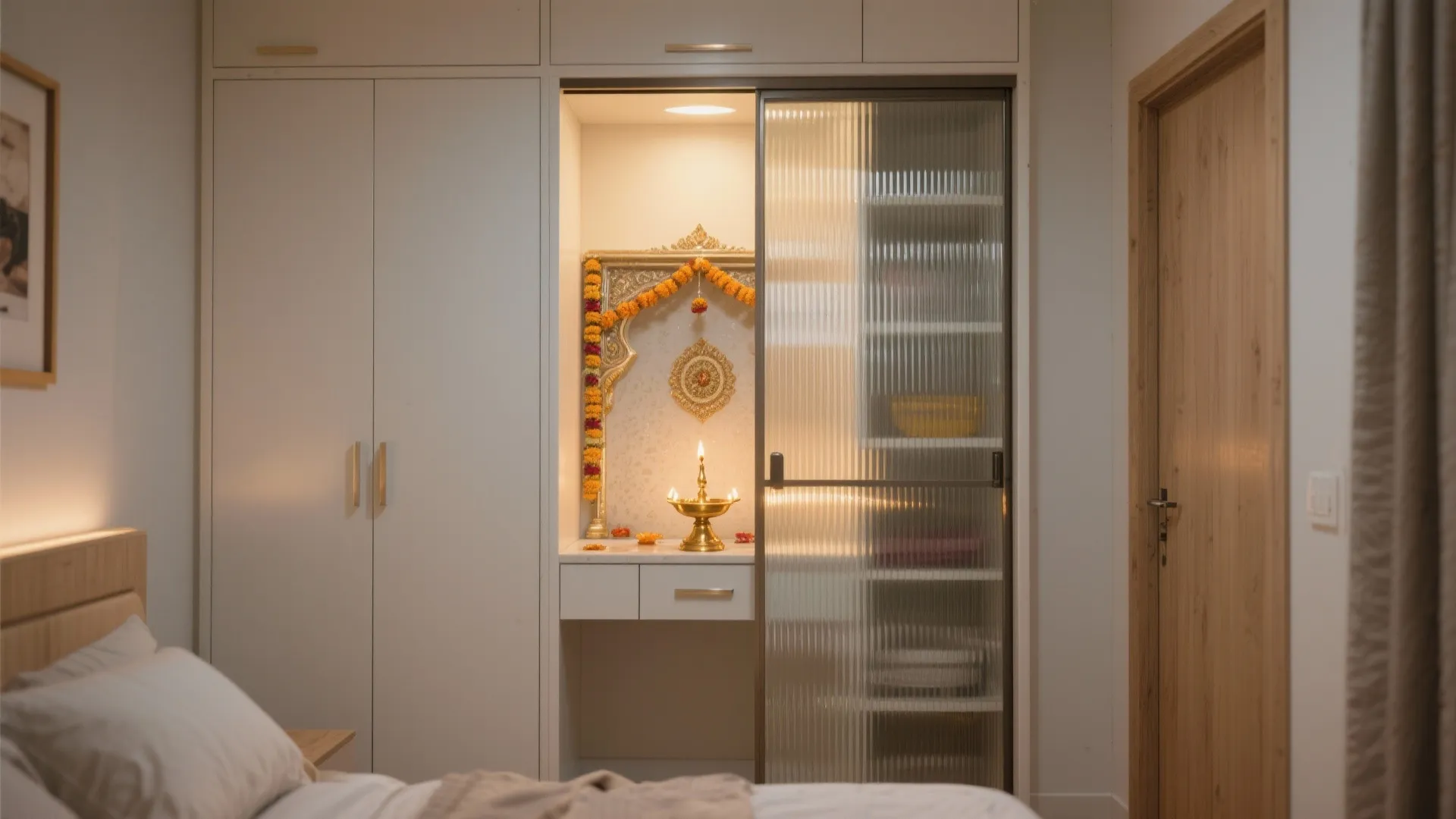 Sliding fluted-glass panel reveals a compact pooja mandir within a cabinet wall.
