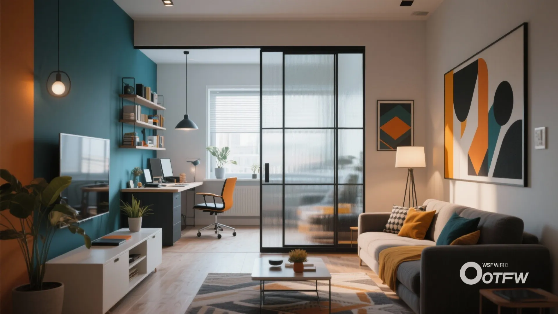 Modern living room featuring glass sliding door that separates a small home office work space