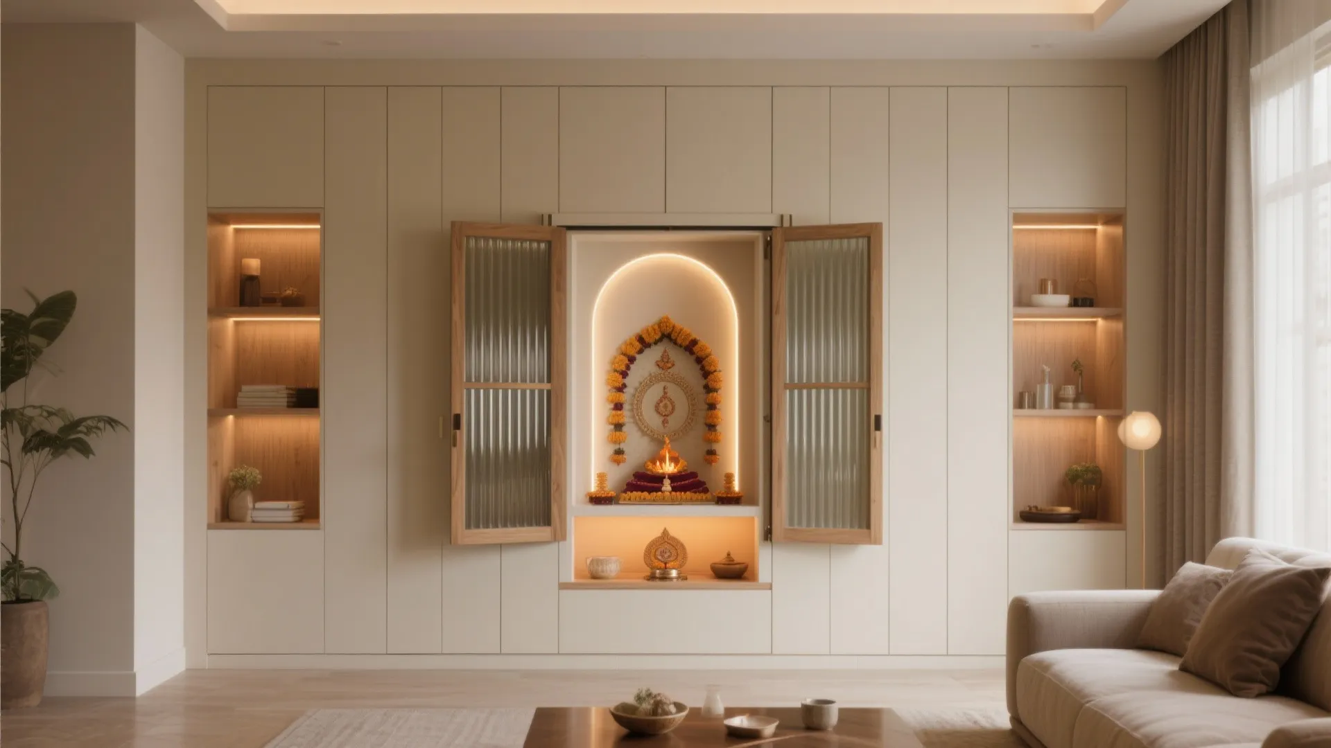 Sliding-Panel Pooja Niche Inside a Living Room Cabinet