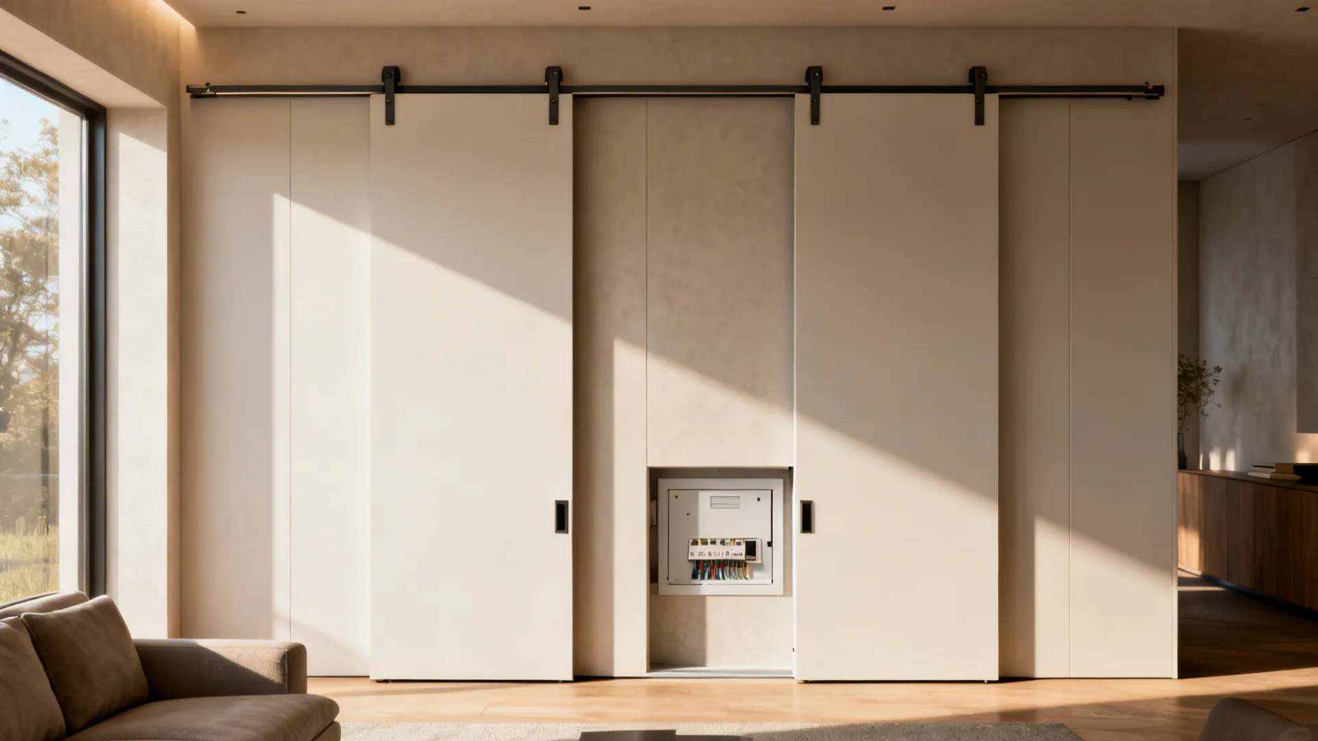 Slim sliding panel moved aside to reveal an electrical panel in a modern interior wall.