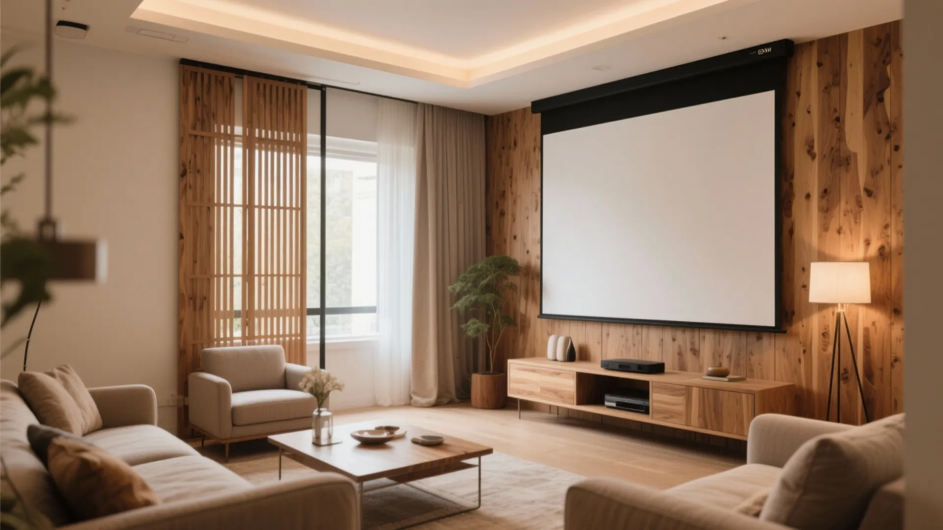 Sliding wood panel hiding a projector screen in a stylish small living room