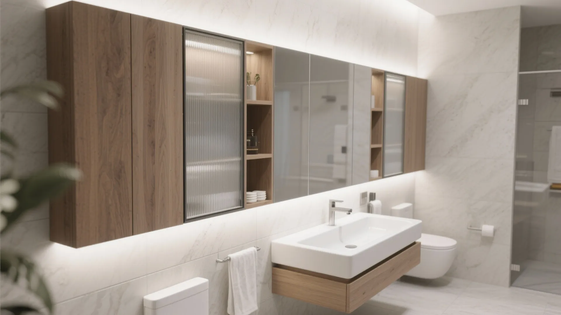 Wall-mounted sliding panel storage behind wash basin