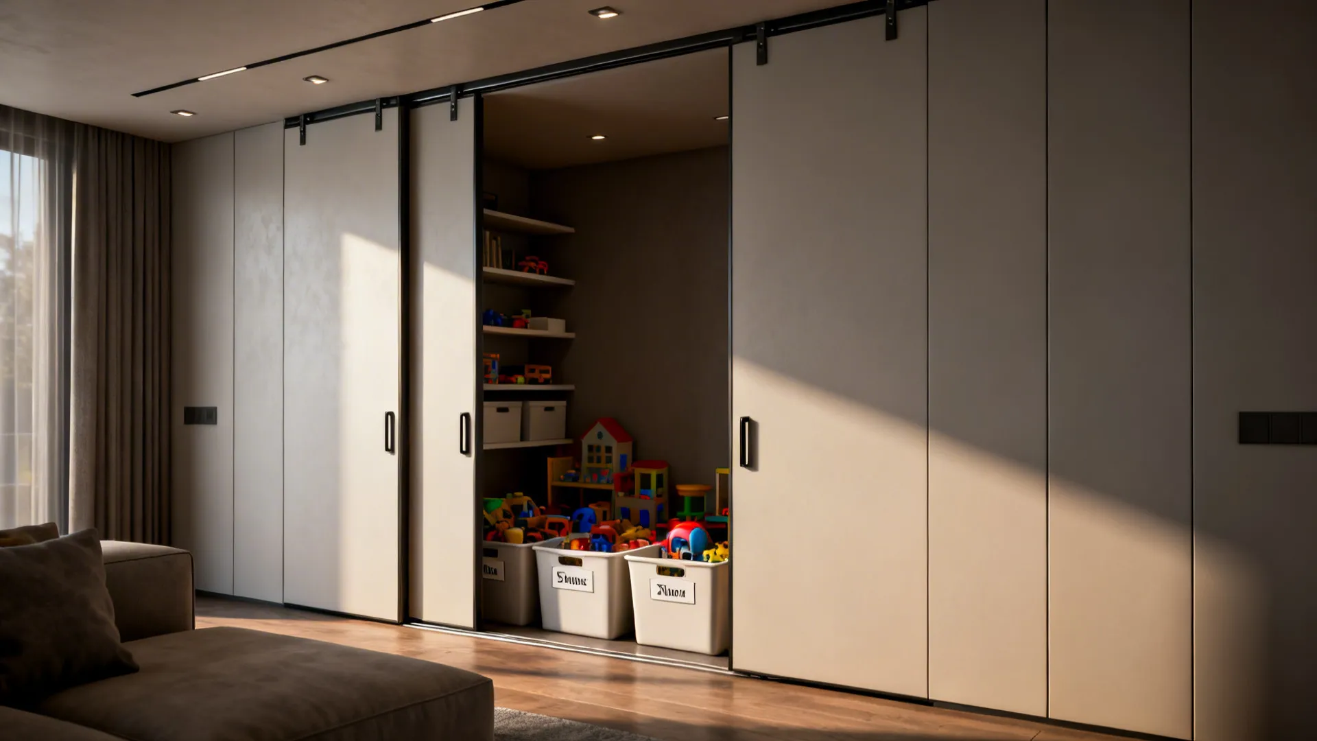 Sliding wall panels partially open to show concealed toy storage with labeled bins and shelves.