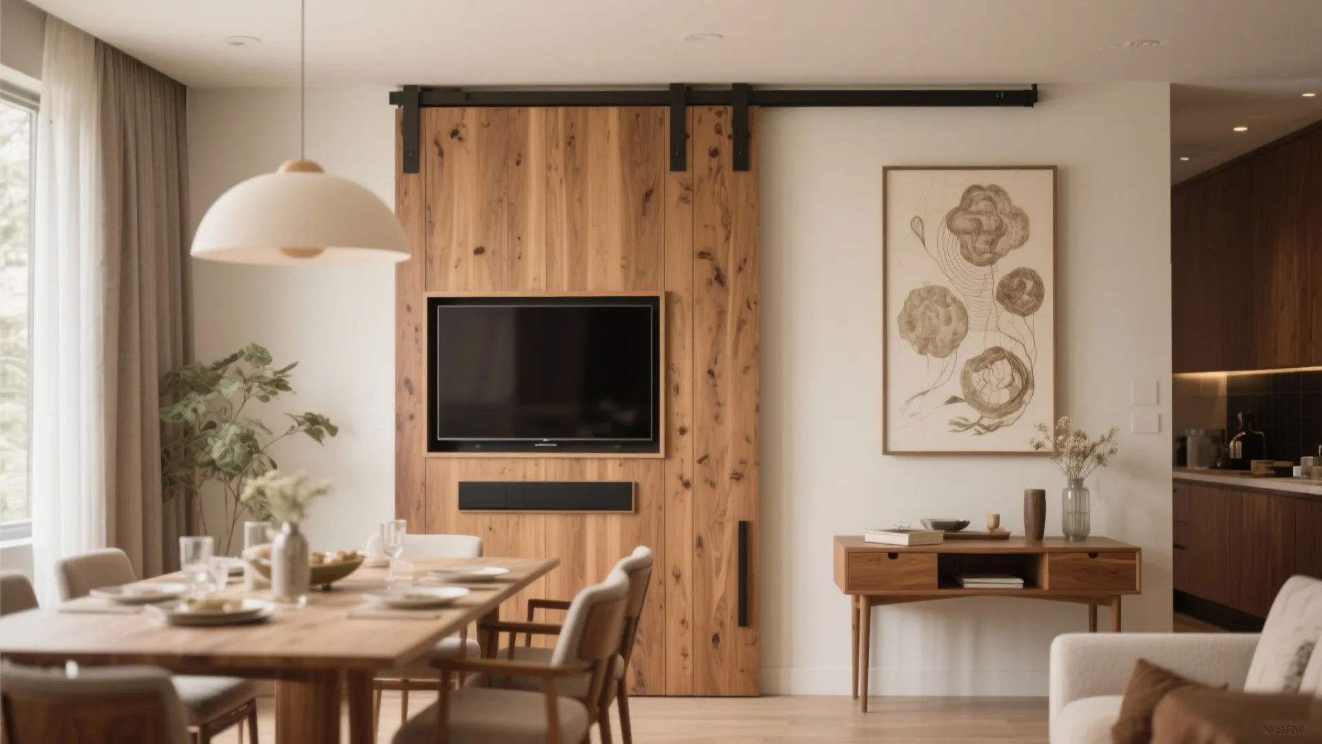 Dining space with a sliding wooden panel concealing a TV