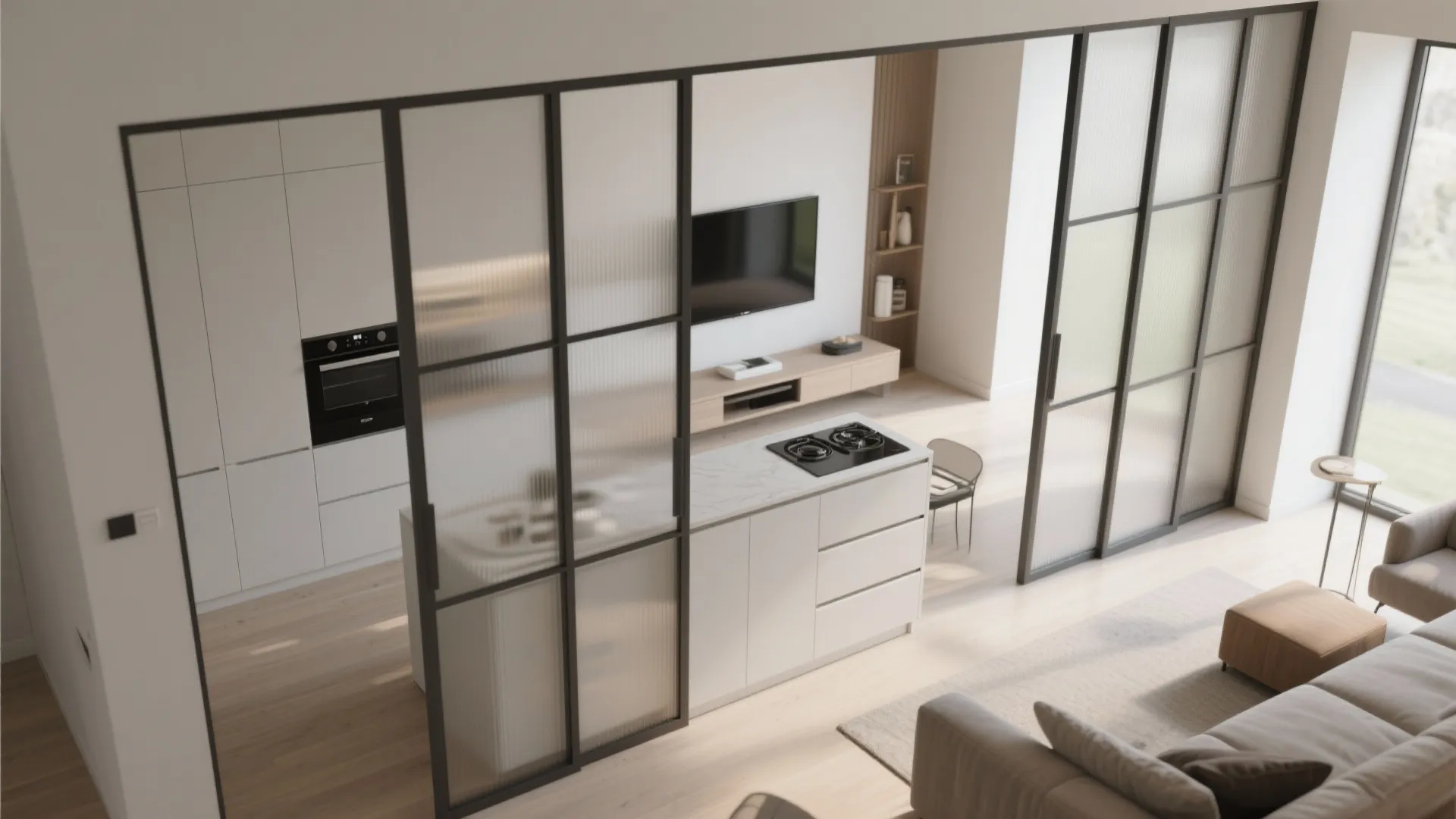 Modern open plan living area featuring glass sliding doors between kitchen and grey sofa lounge