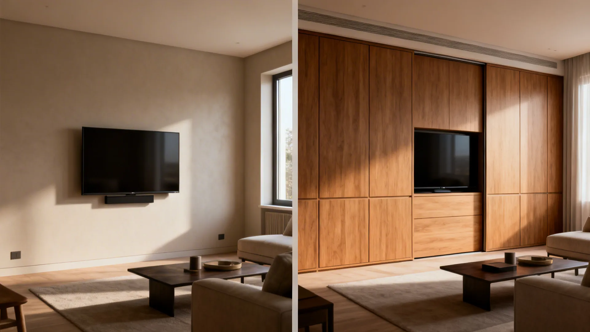 Before and after: visible wall TV and same TV hidden behind sliding panels in a small living room