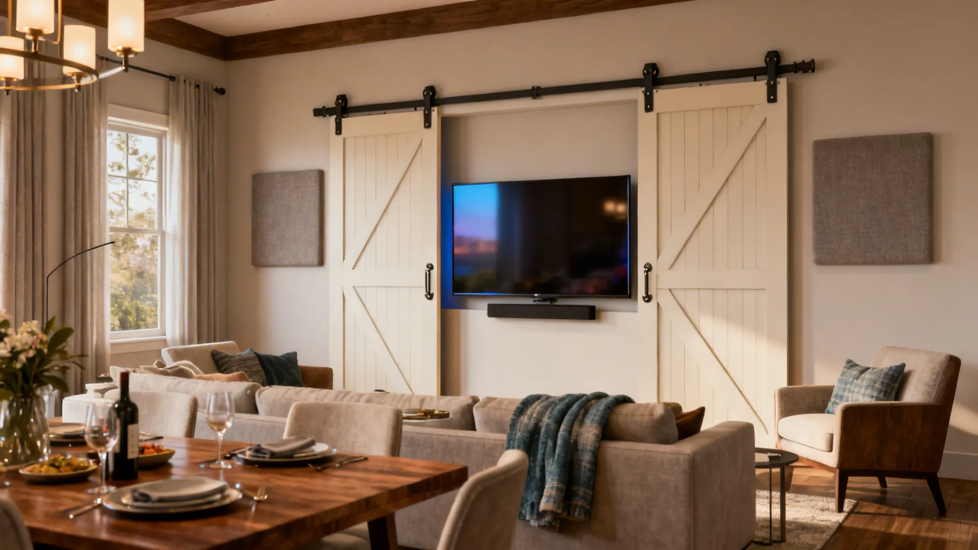 Wall-mounted TV hidden behind sliding panels in a small living room, panels partially open to reveal screen.