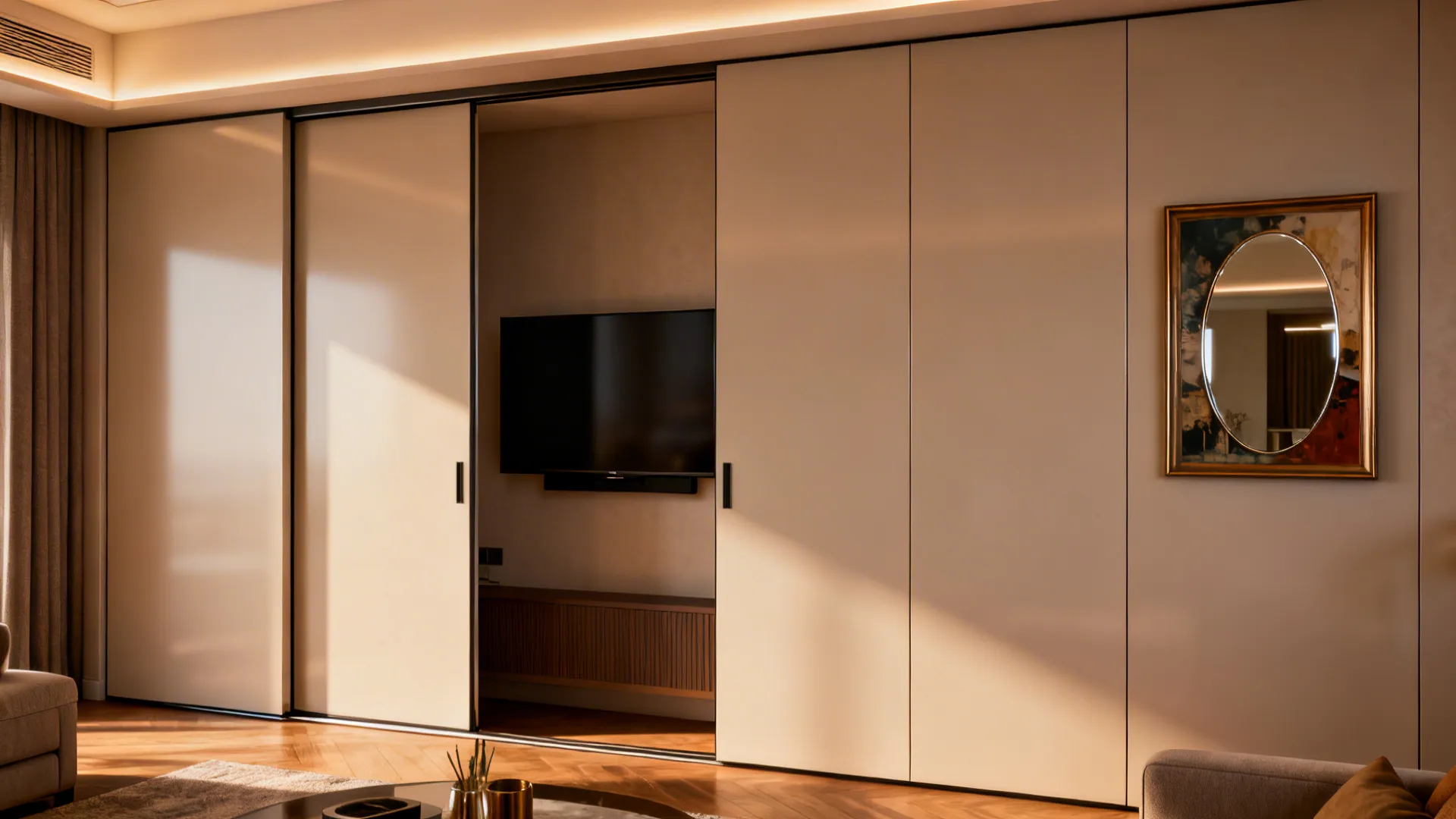 Sliding lacquered panels that hide or reveal a wall-mounted TV
