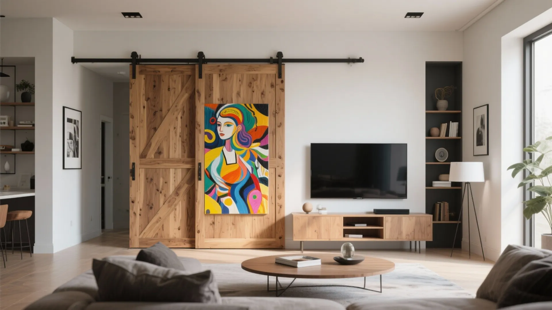 Modern living room featuring wooden sliding barn doors with colorful art beside a large television