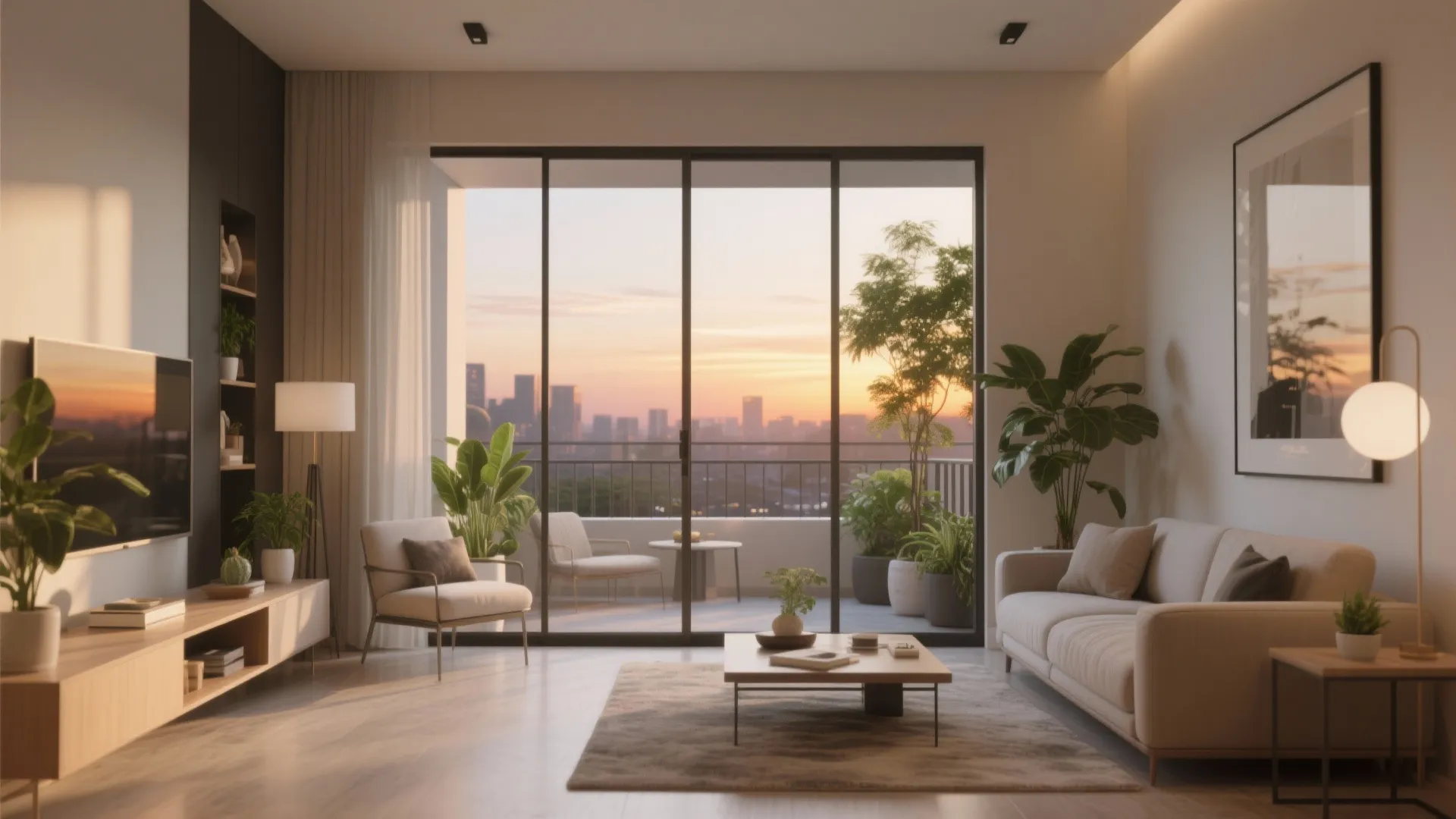 Modern living room with sliding glass window wall opening to balcony