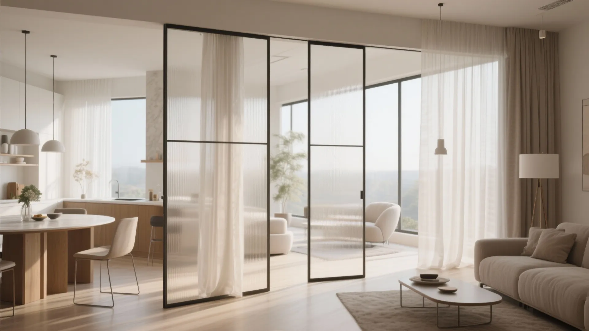 Spacious interior with glass sliding panels separating the dining space from a bright living room