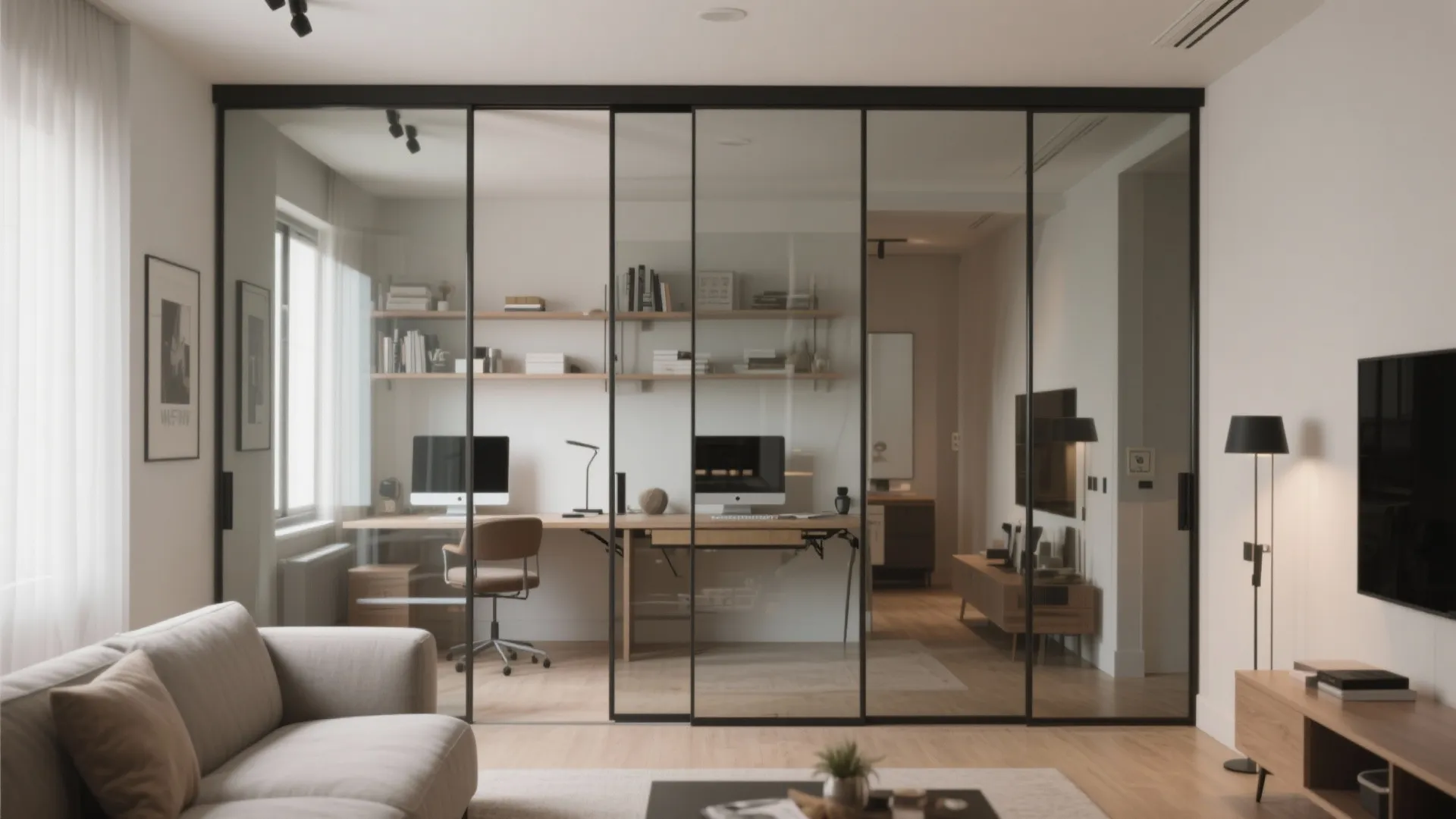 5. Mirrored sliding panels that hide storage