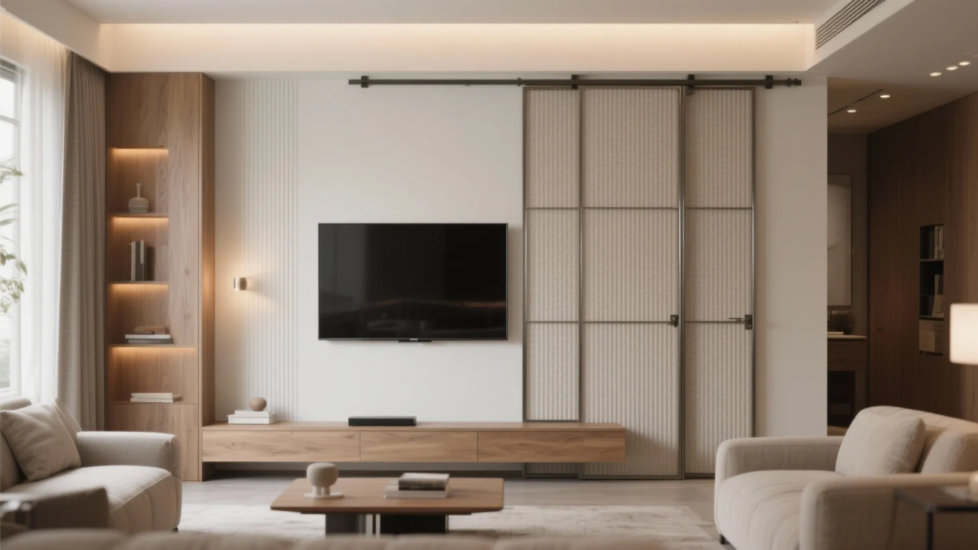 Living room interior with television wooden shelves and beige sliding panels for clean room layout