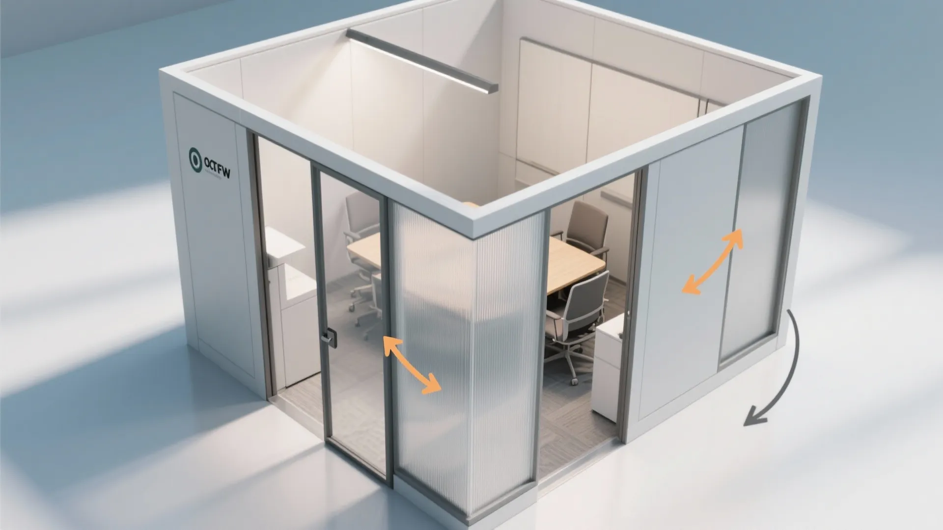Small office meeting room showing sliding glass panels a wooden table and several grey chairs