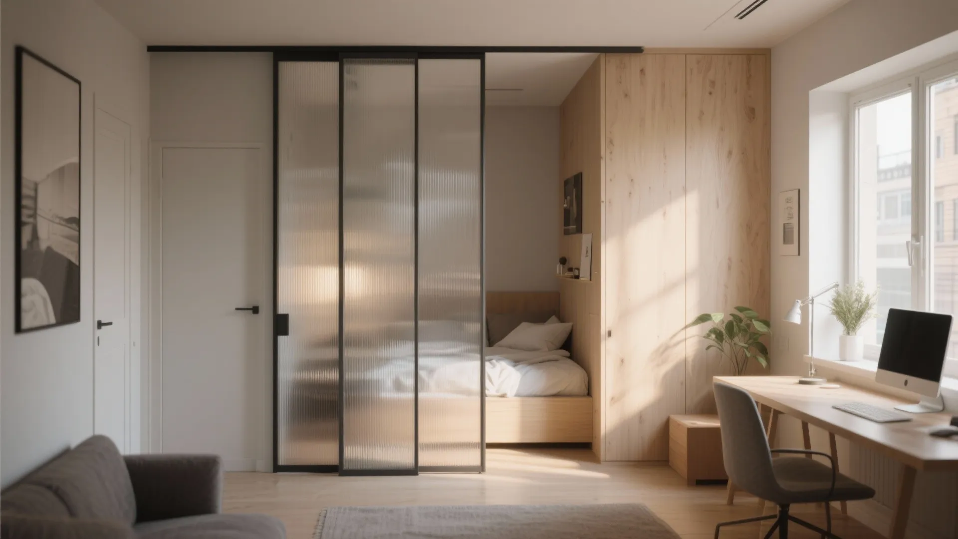 Modern studio apartment with frosted glass sliding doors separating the bed from the office desk