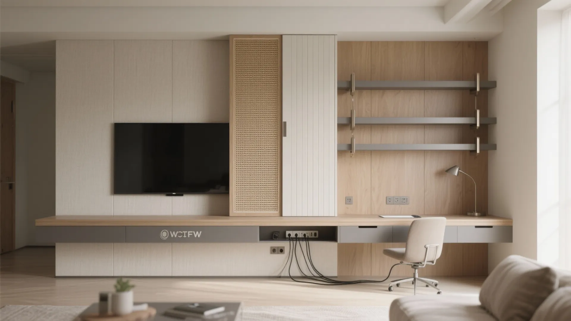 Hybrid Work-and-Play TV Wall with Sliding Panels