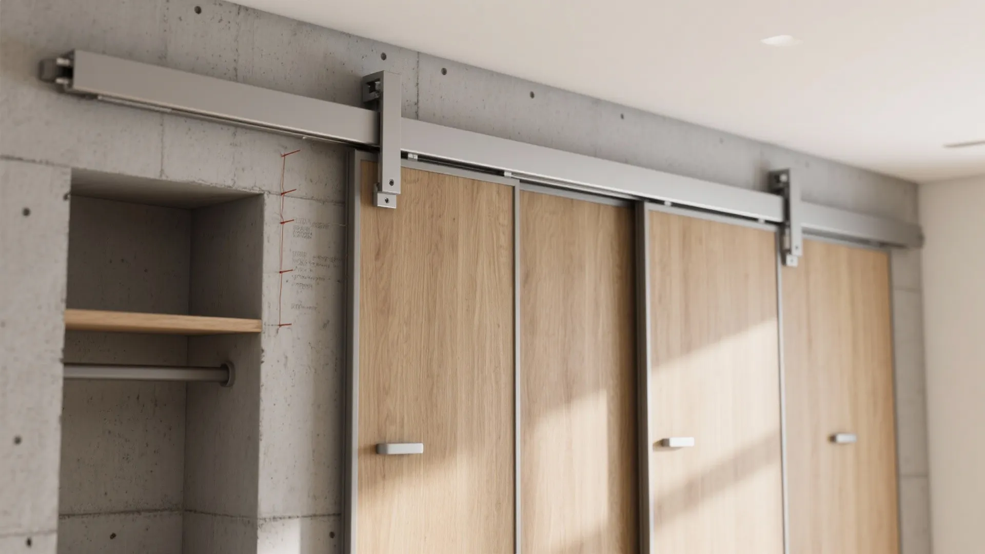 Interior design drawing showing wooden sliding doors with metal tracks on a grey concrete wall