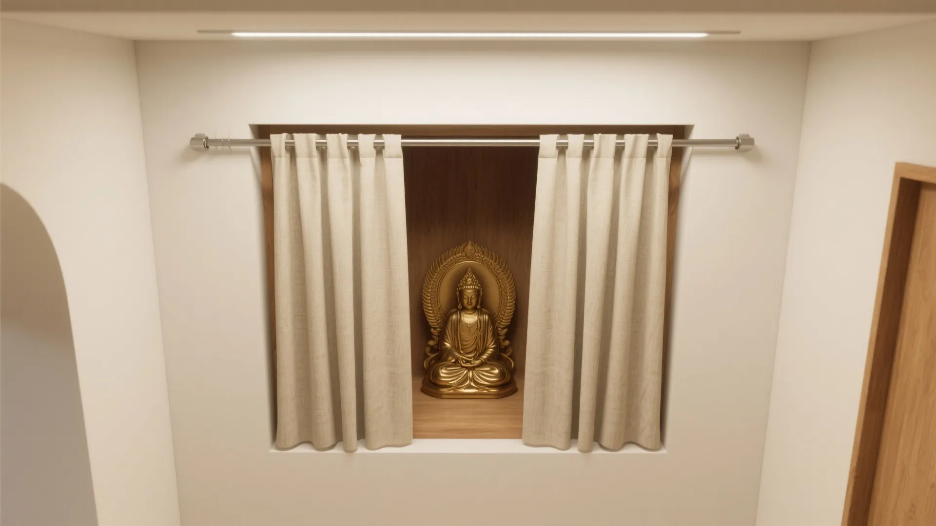 Golden buddha statue sitting in a wooden wall niche framed by beige curtains and rod