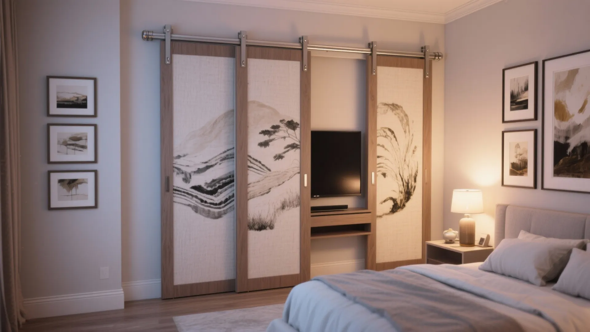 Decorative sliding art panels on a track partially covering a bedroom TV, creating a gallery-like feel.