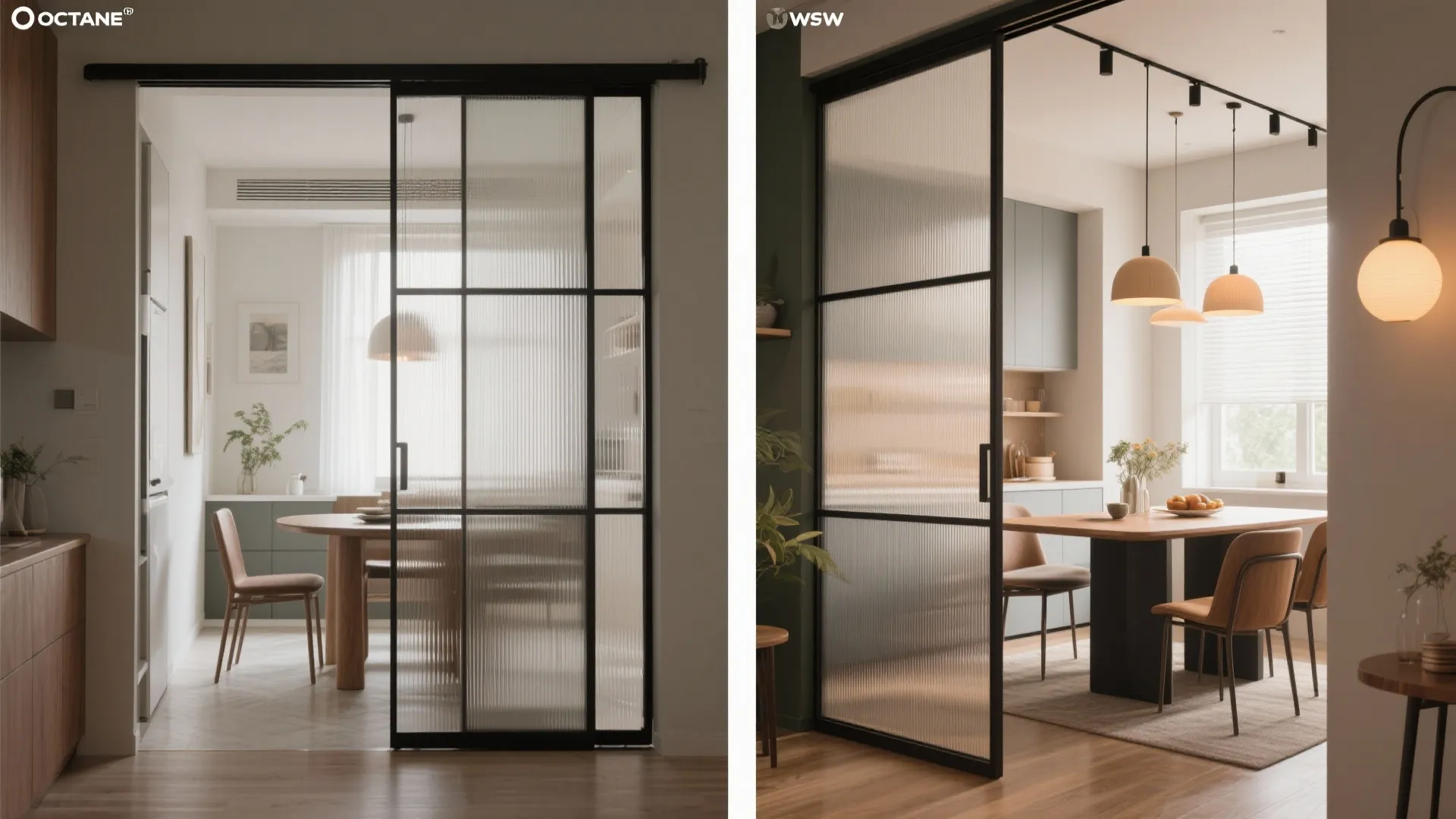 Comparison of black metal frame sliding glass doors separating a dining room from the kitchen