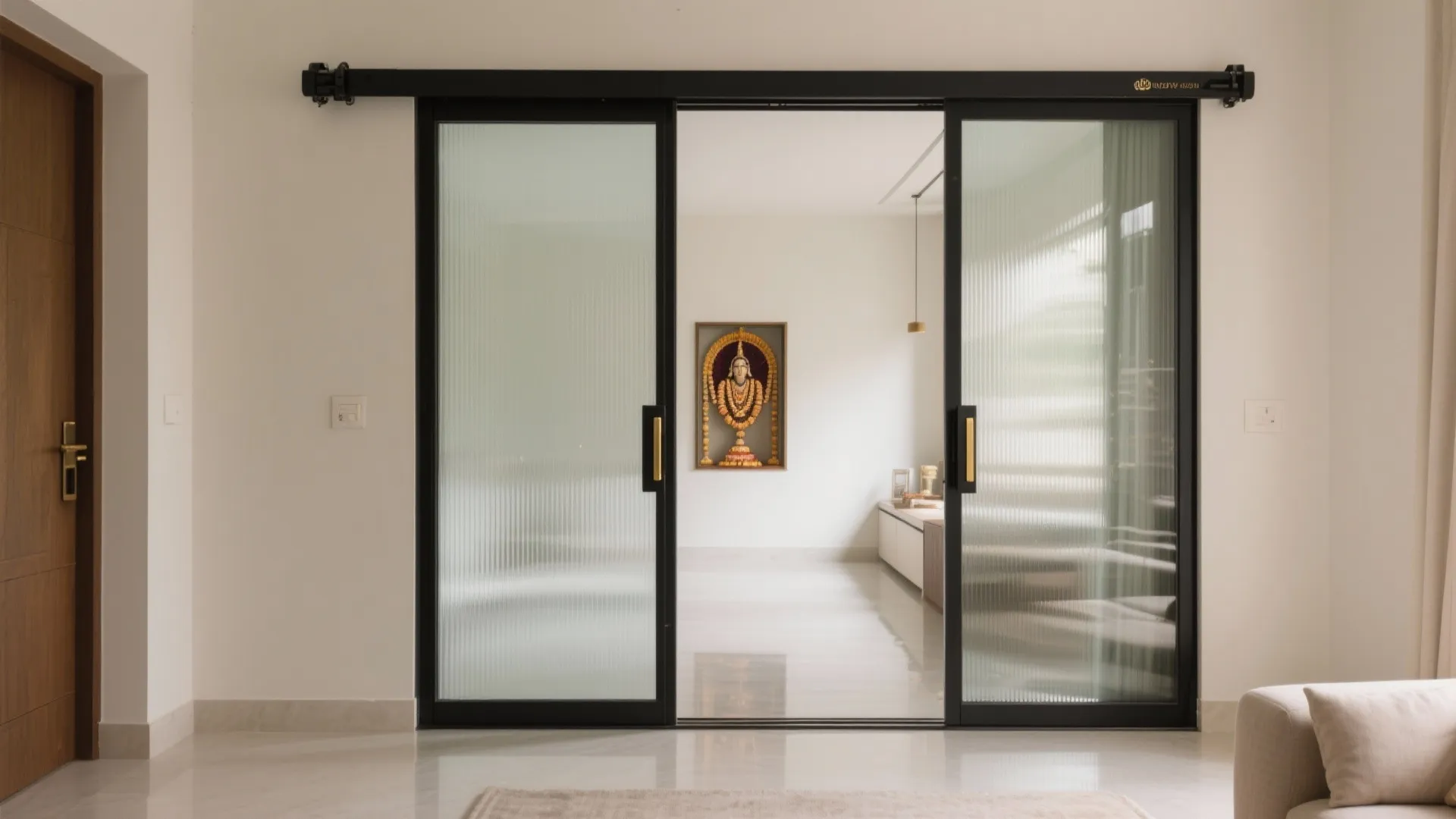 Sliding double glass pooja doors on a slim top track with soft-close hardware and a discrete floor guide in a compact studio layout.