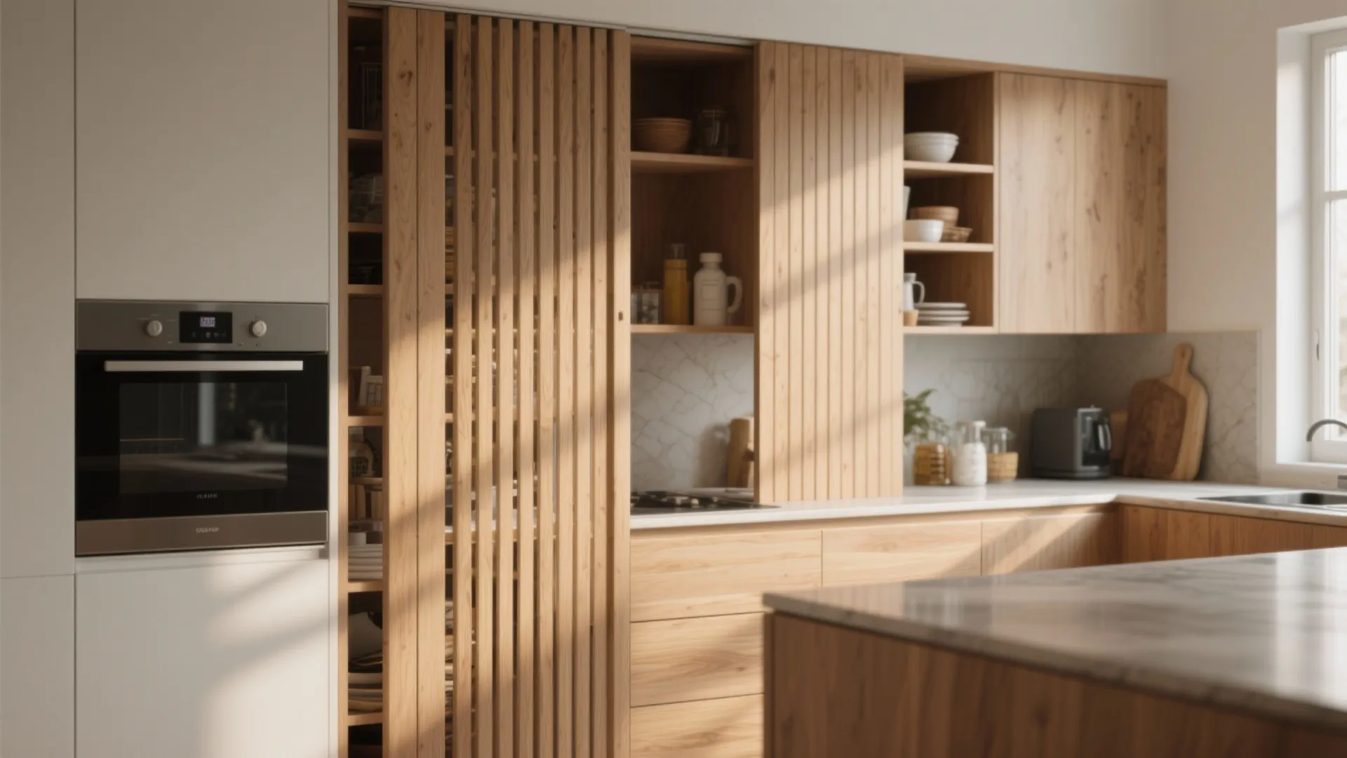 Modern kitchen with wooden sliding cabinet doors built in oven marble countertops and natural light