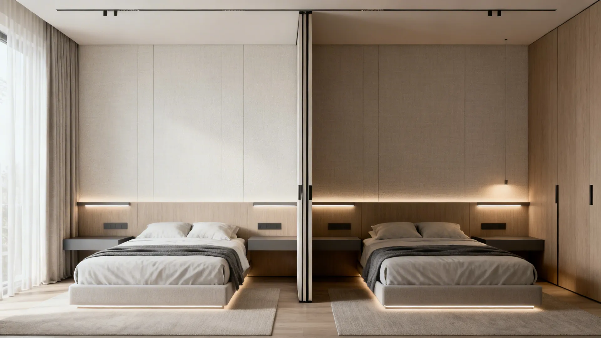 Modern bedroom with sliding door room divider separating two twin beds with wooden wall panels and lights