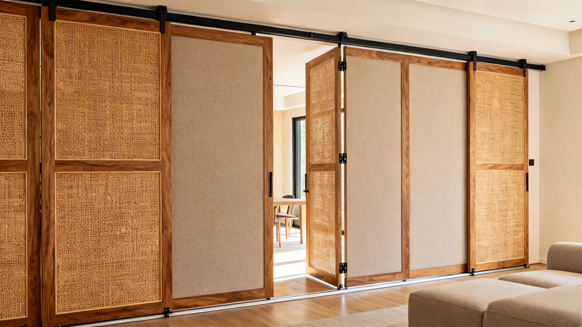 Sliding Panels: Textured Timber or Fabric Acoustic
