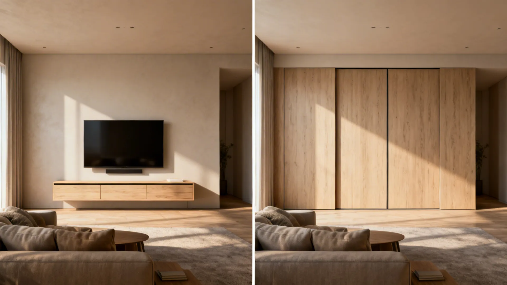 Before and after: visible TV vs. concealed TV behind sliding panels in a small living room.