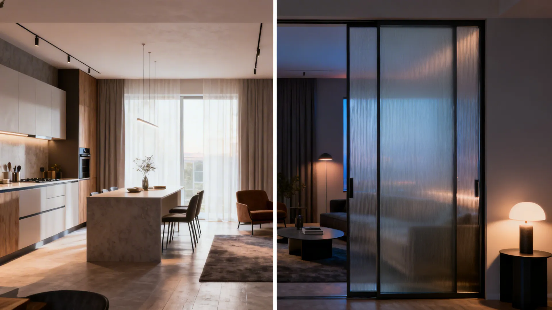 Before-and-after view showing open layout and the same space with frosted sliding panel for separation