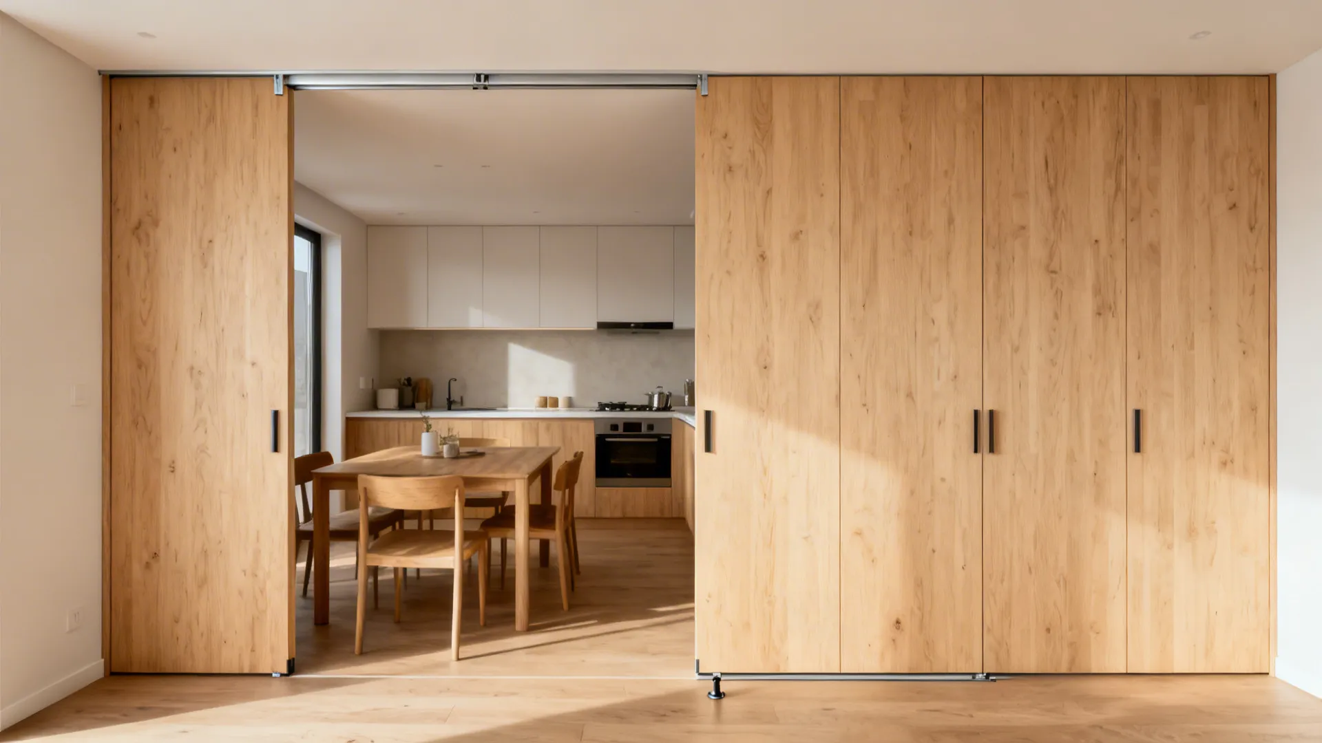 Sliding birch plywood panels shown open and closed between a small kitchen and dining area.